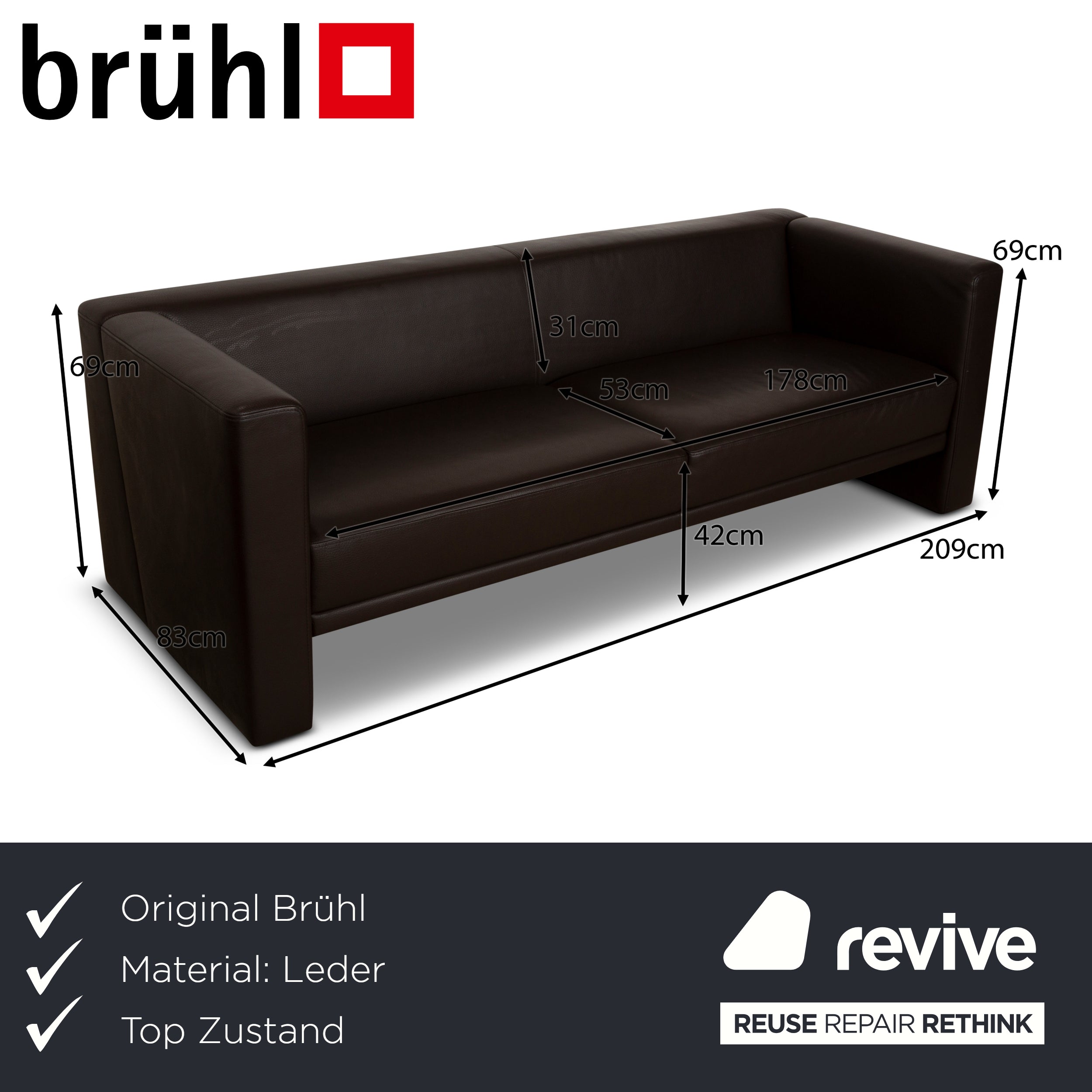 Brühl Visavis Leather Three-Seater Brown Sofa Couch