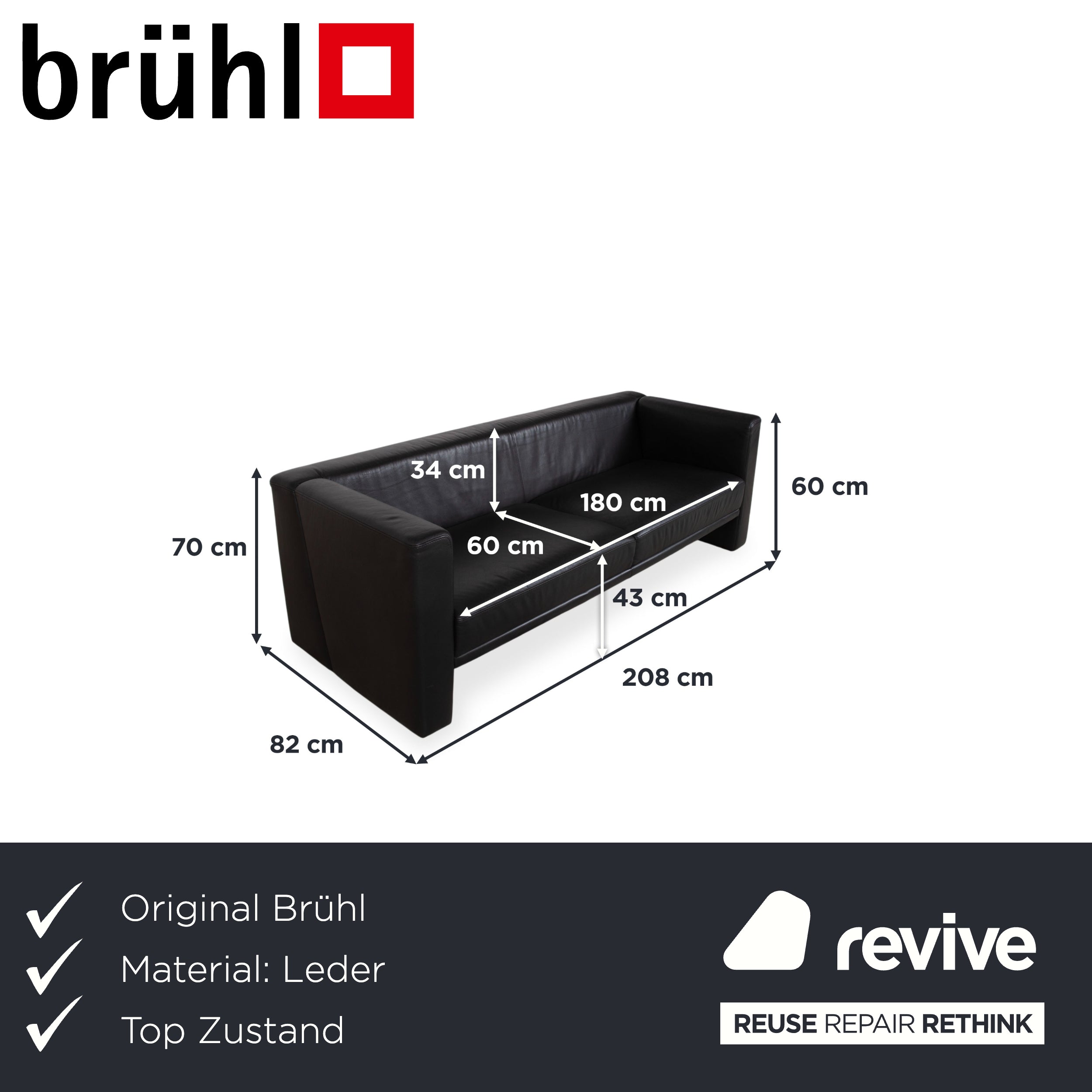 Brühl Visavis Leder Dreisitzer Schwarz Sofa Couch
