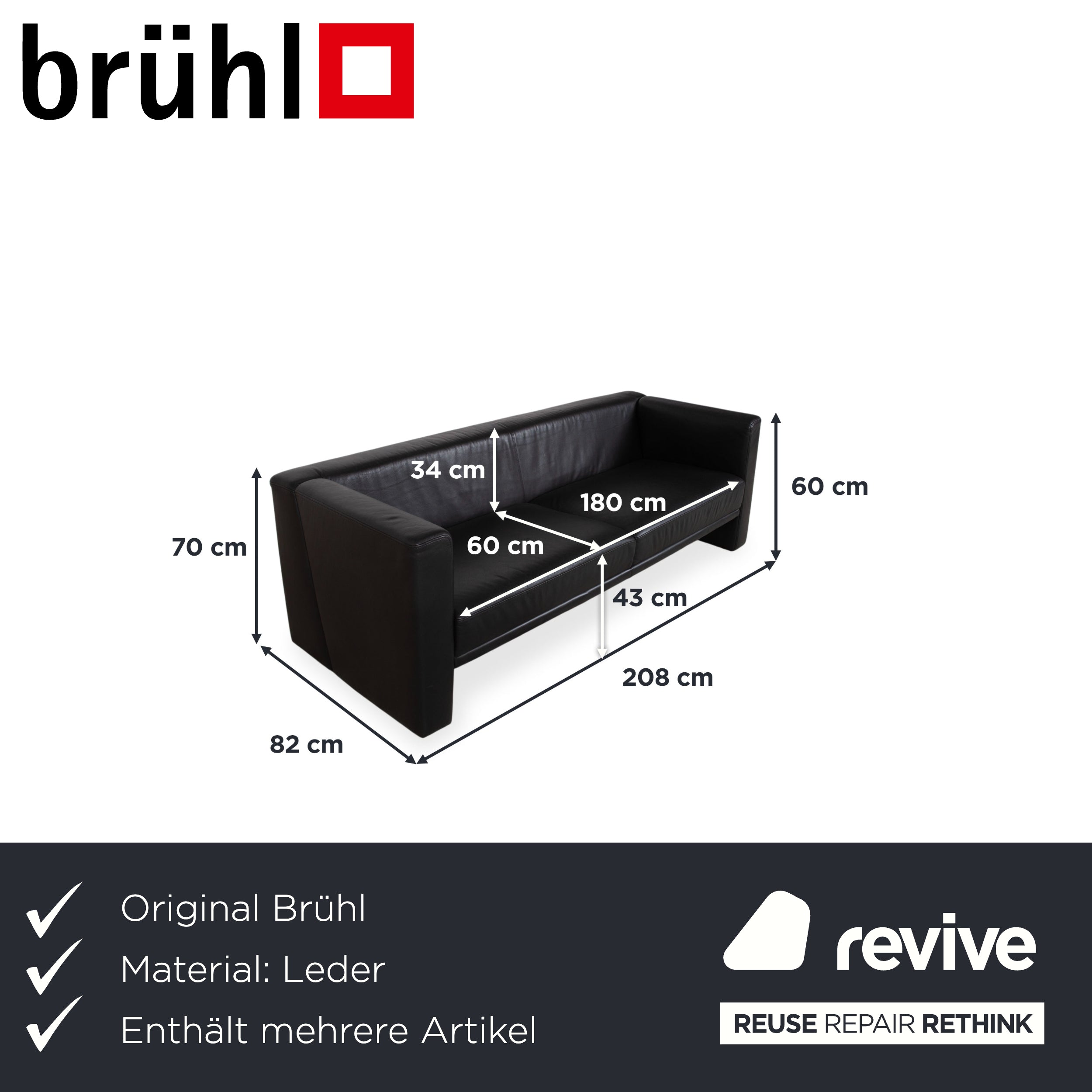 Brühl Visavis Leder Garnitur Dreisitzer Sofa Couch Liege Schwarz