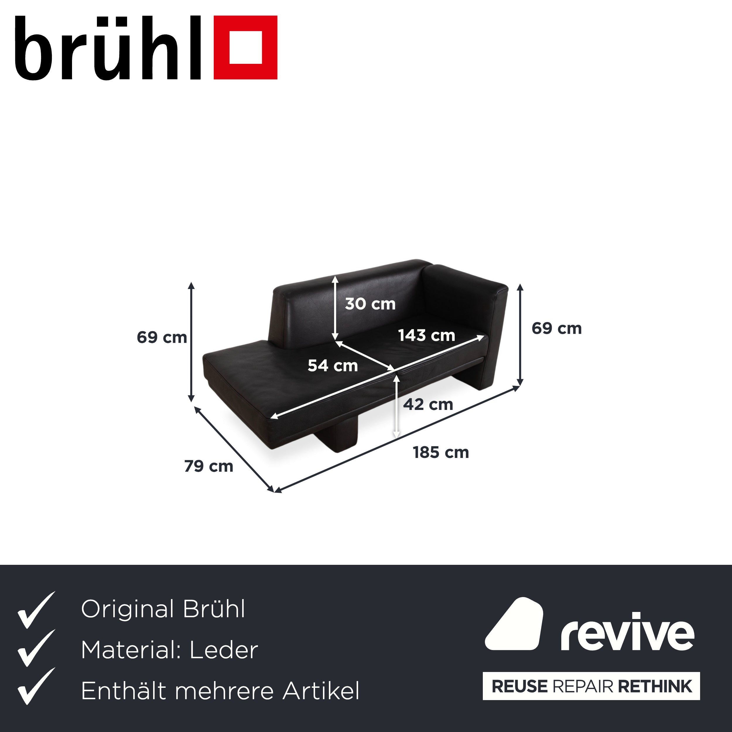 Brühl Visavis Leder Garnitur Dreisitzer Sofa Couch Liege Schwarz