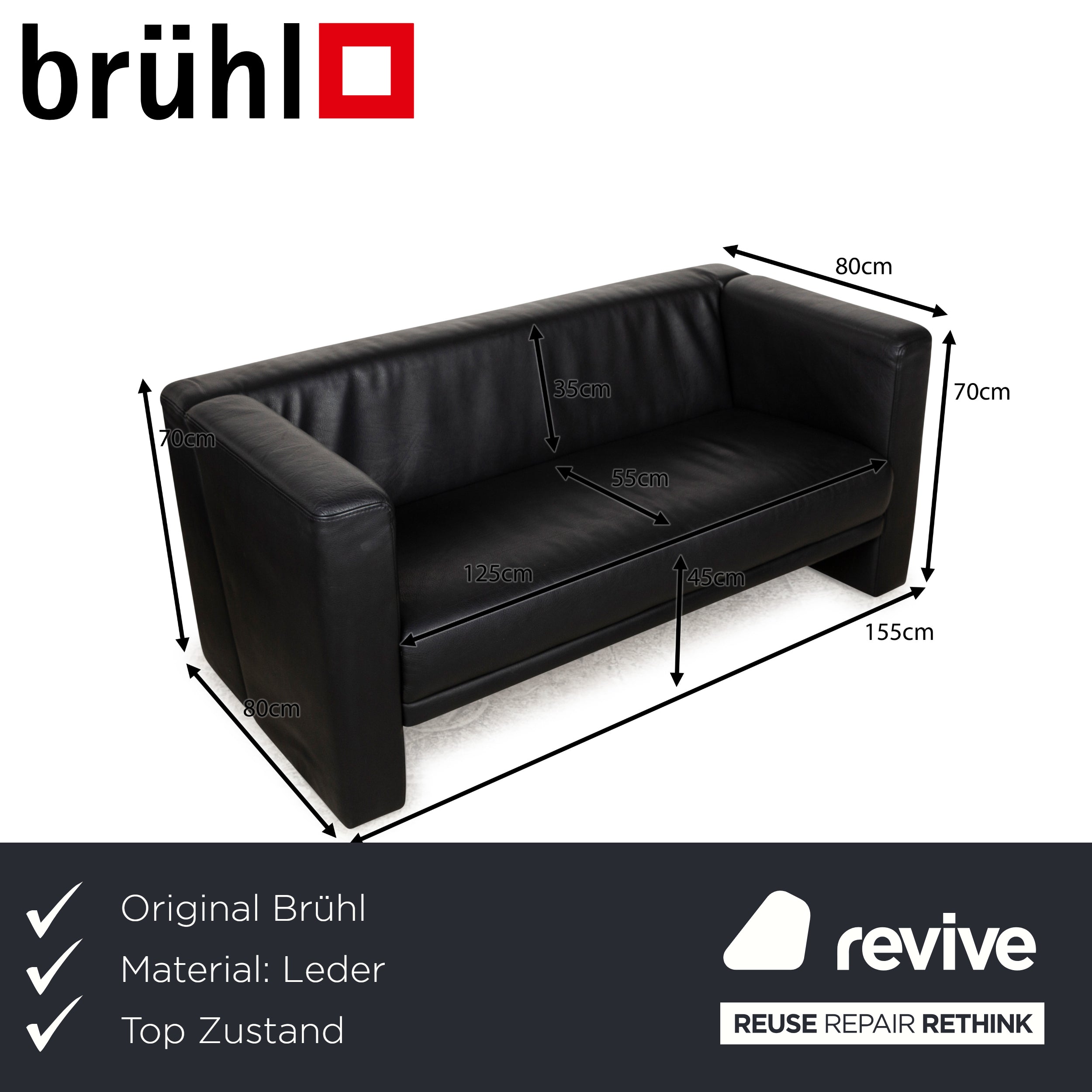 Brühl Visavis leather two-seater black sofa couch