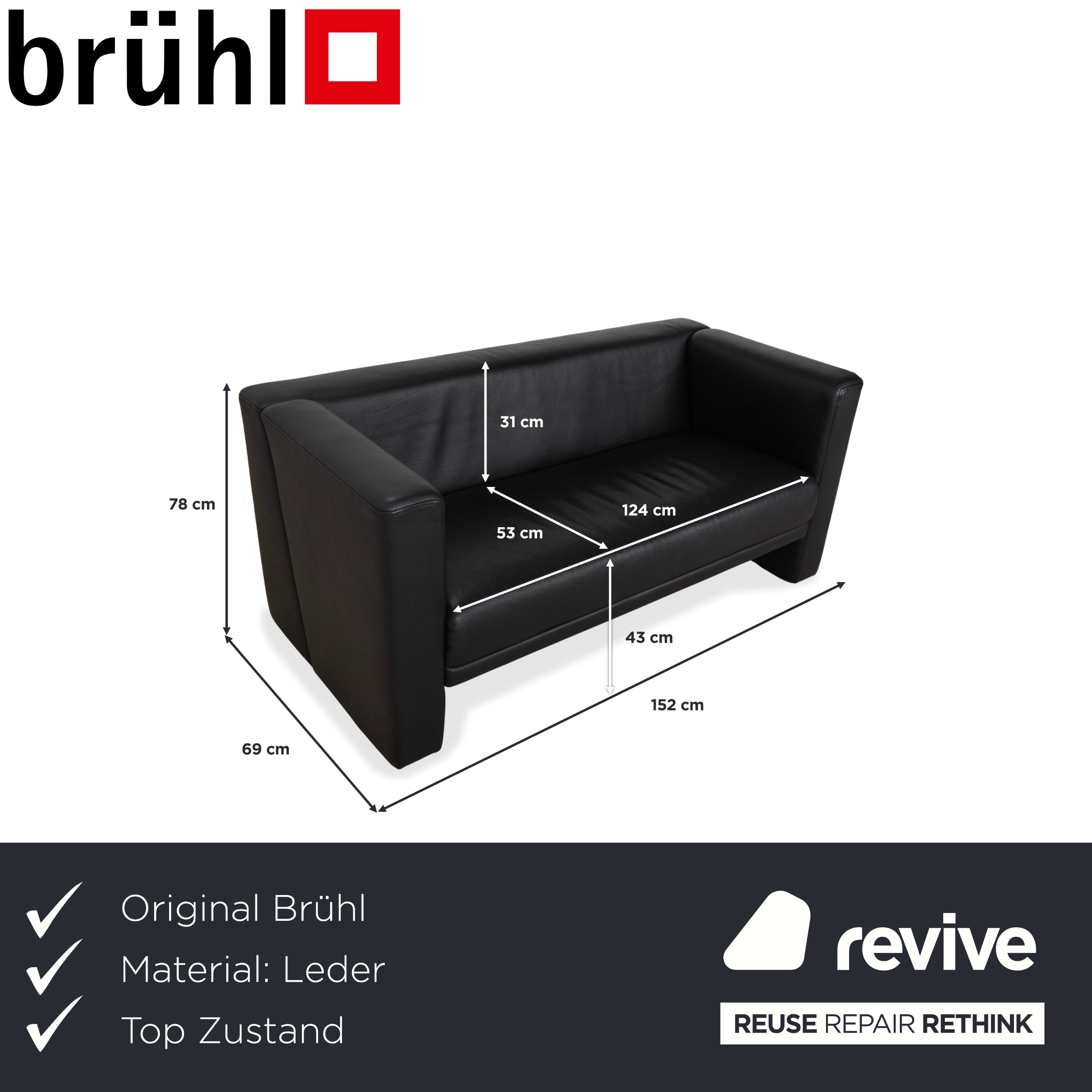 Brühl Visavis Leder Zweisitzer Schwarz Sofa Couch