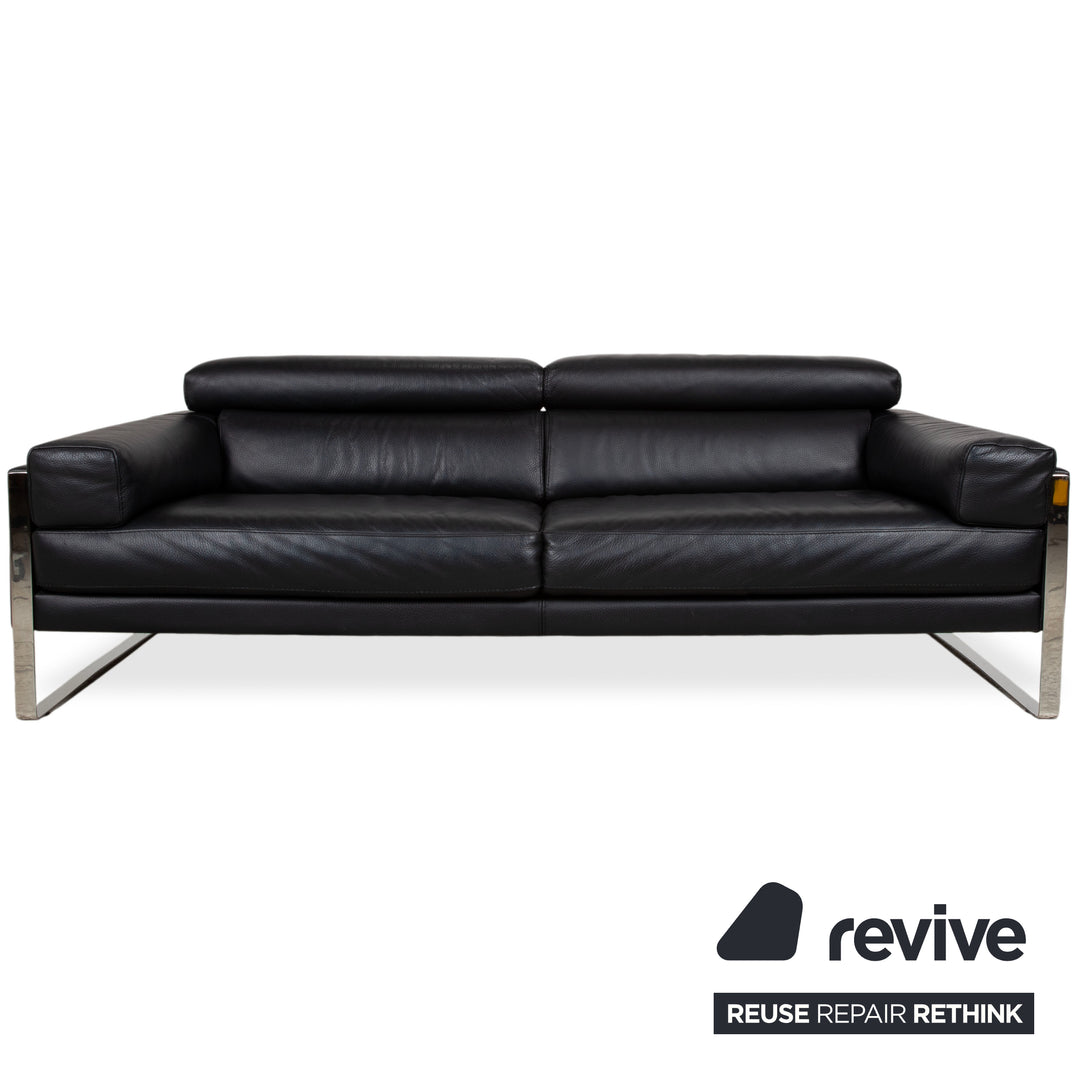 Calia Romeo Garnitur Leder Chrom 2x Zweisitzer Schwarz Sofa Couch manuelle Funktion