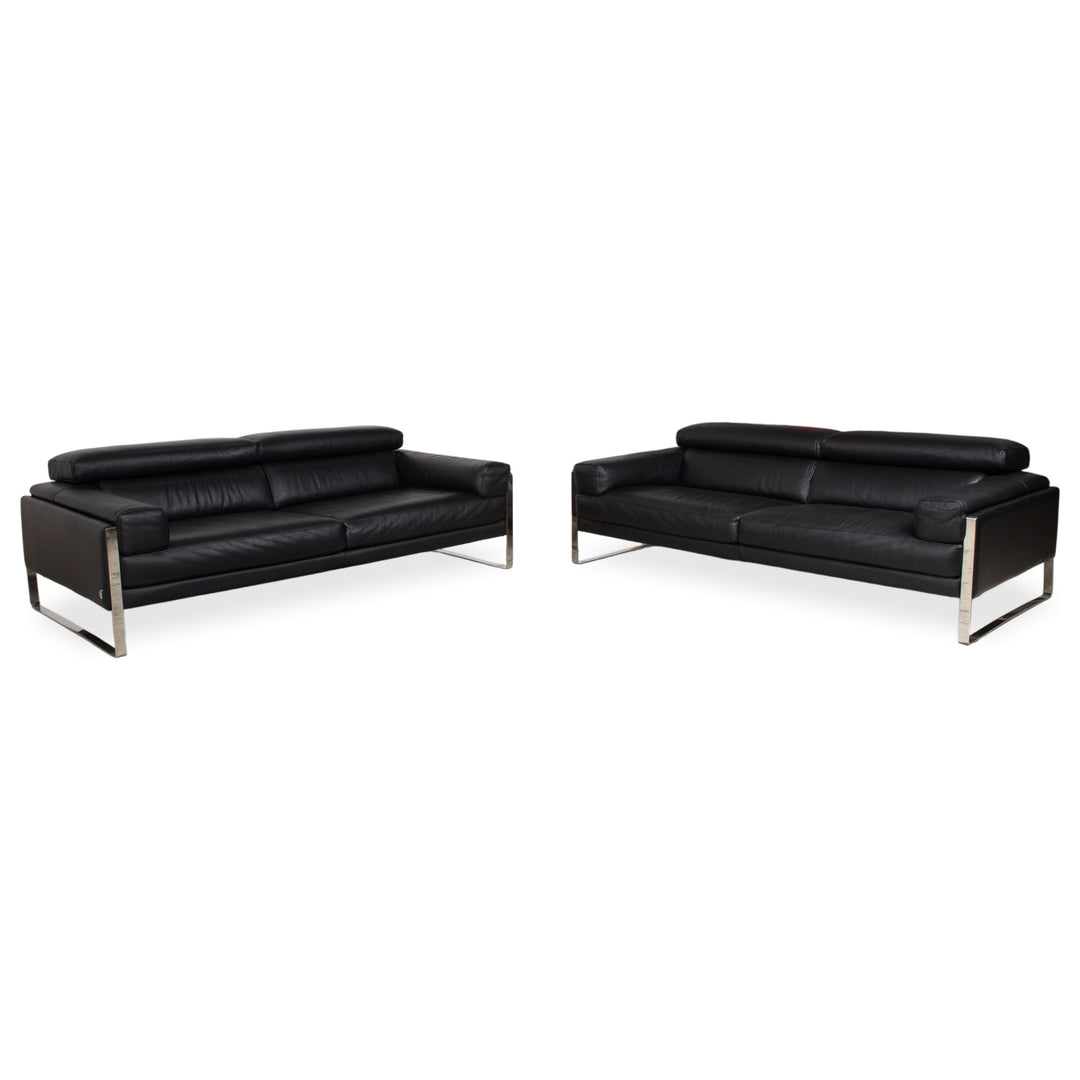Calia Romeo Garnitur Leder Chrom 2x Zweisitzer Schwarz Sofa Couch manuelle Funktion