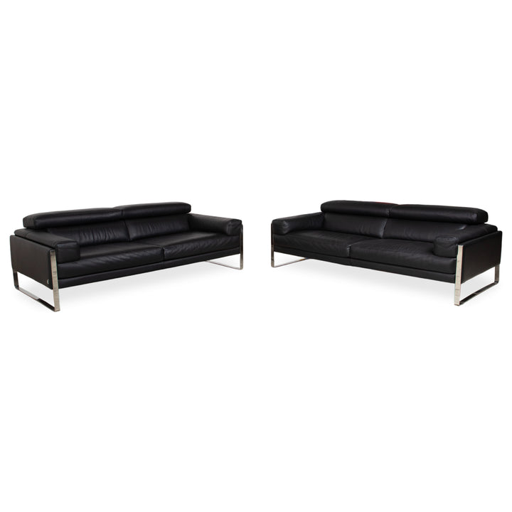 Calia Romeo Garnitur Leder Chrom 2x Zweisitzer Schwarz Sofa Couch manuelle Funktion