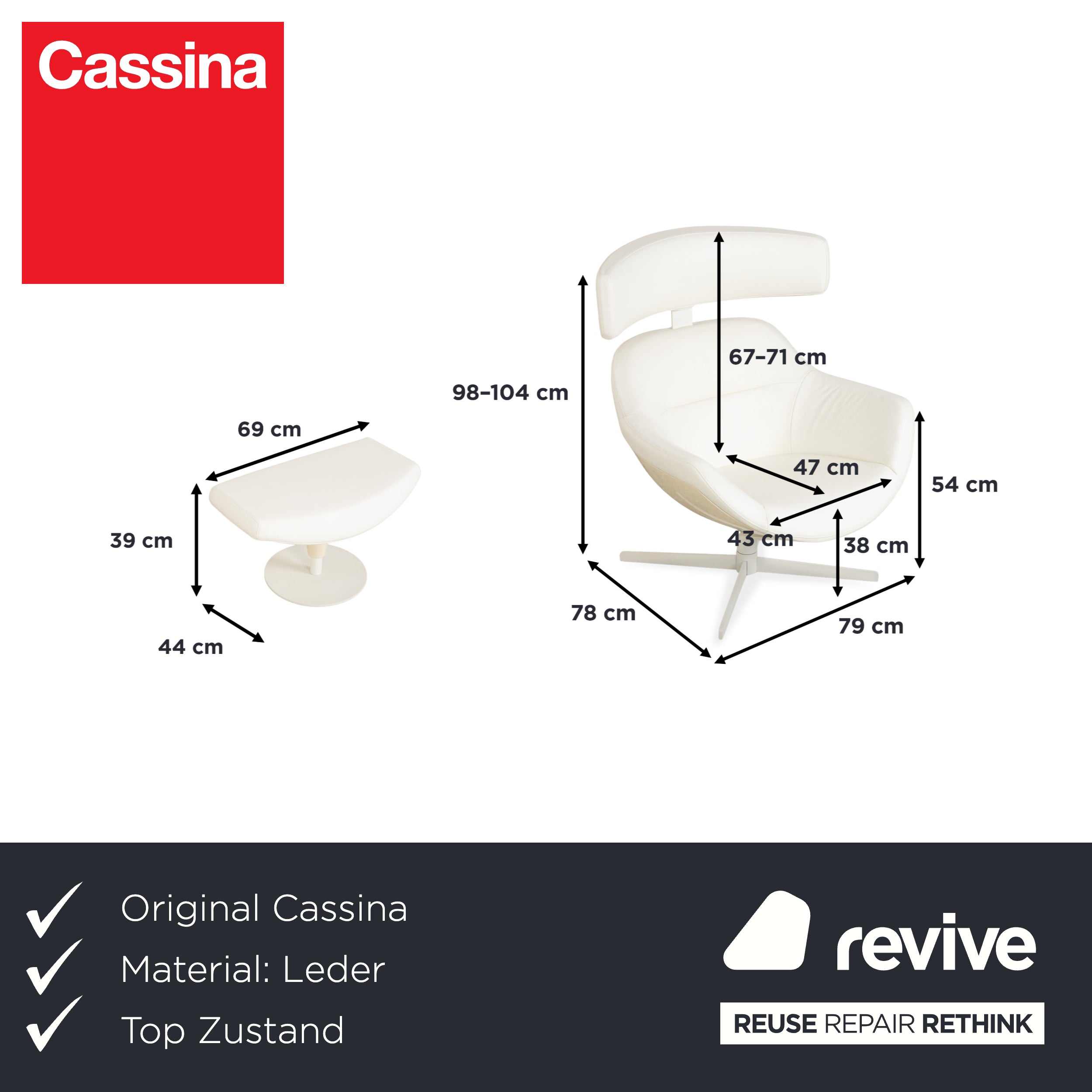 Fauteuil en cuir Cassina Auckland, couleur crème, à commande manuelle, avec repose-pieds.