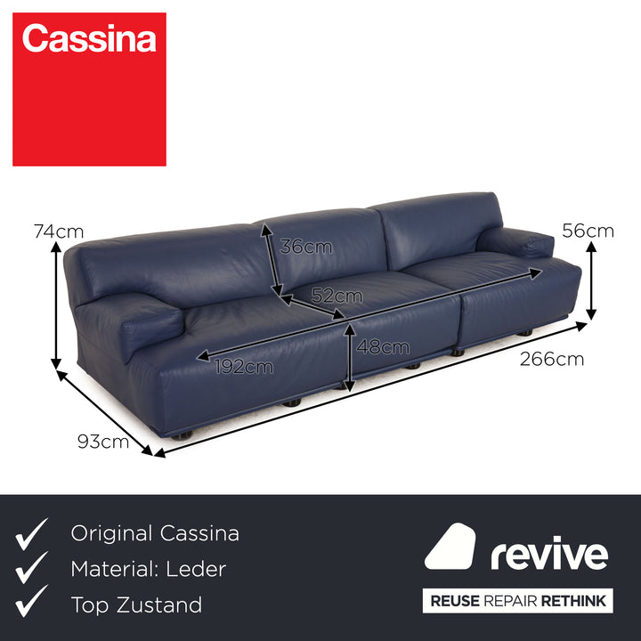 Cassina Fiandra Leather Three Seater Blue Sofa Couch