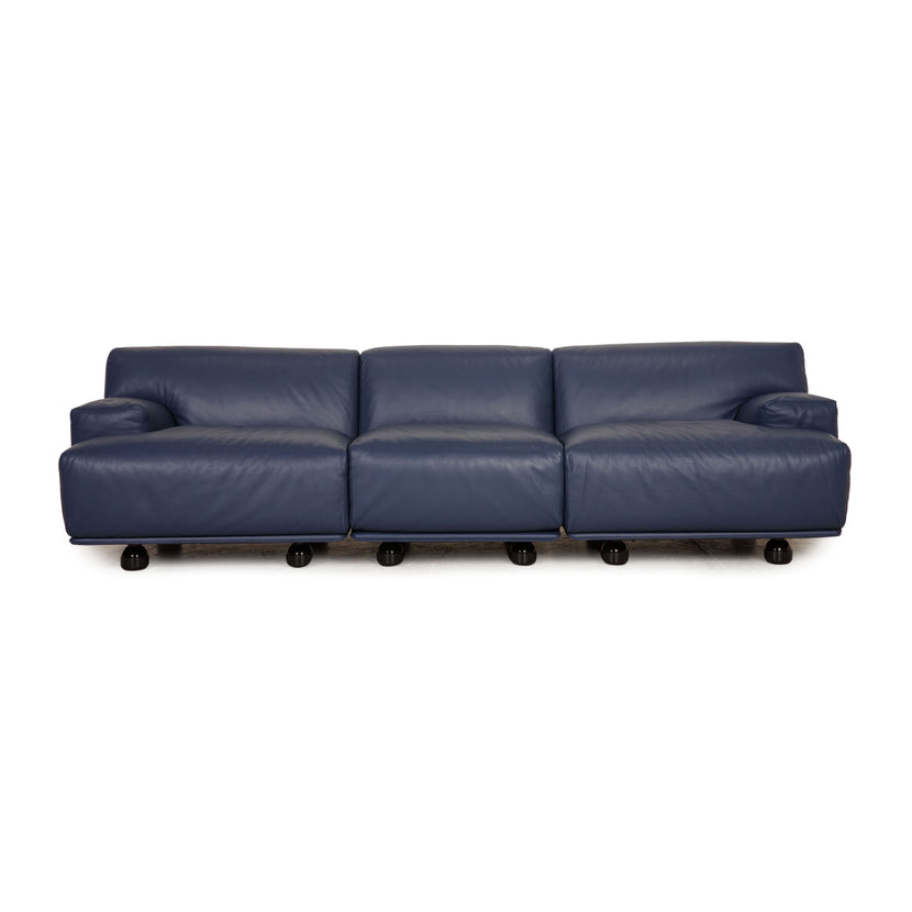 Cassina Fiandra Leather Three Seater Blue Sofa Couch