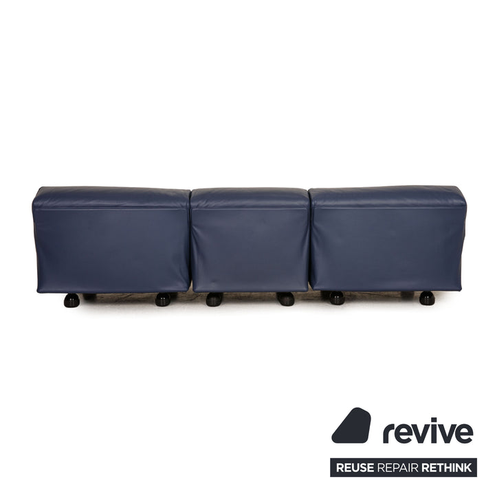 Cassina Fiandra Leather Three Seater Blue Sofa Couch