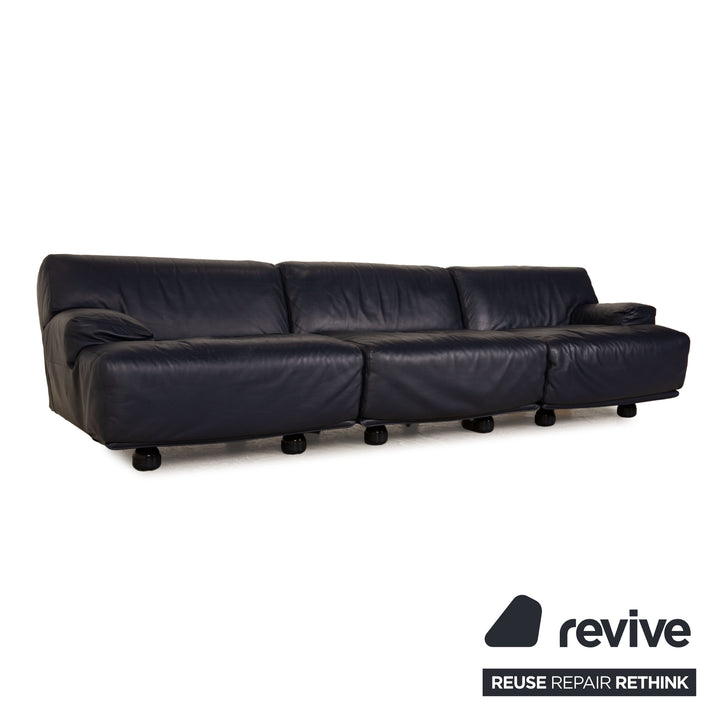 Cassina Fiandra Leather Three Seater Blue Dark Blue Sofa Couch