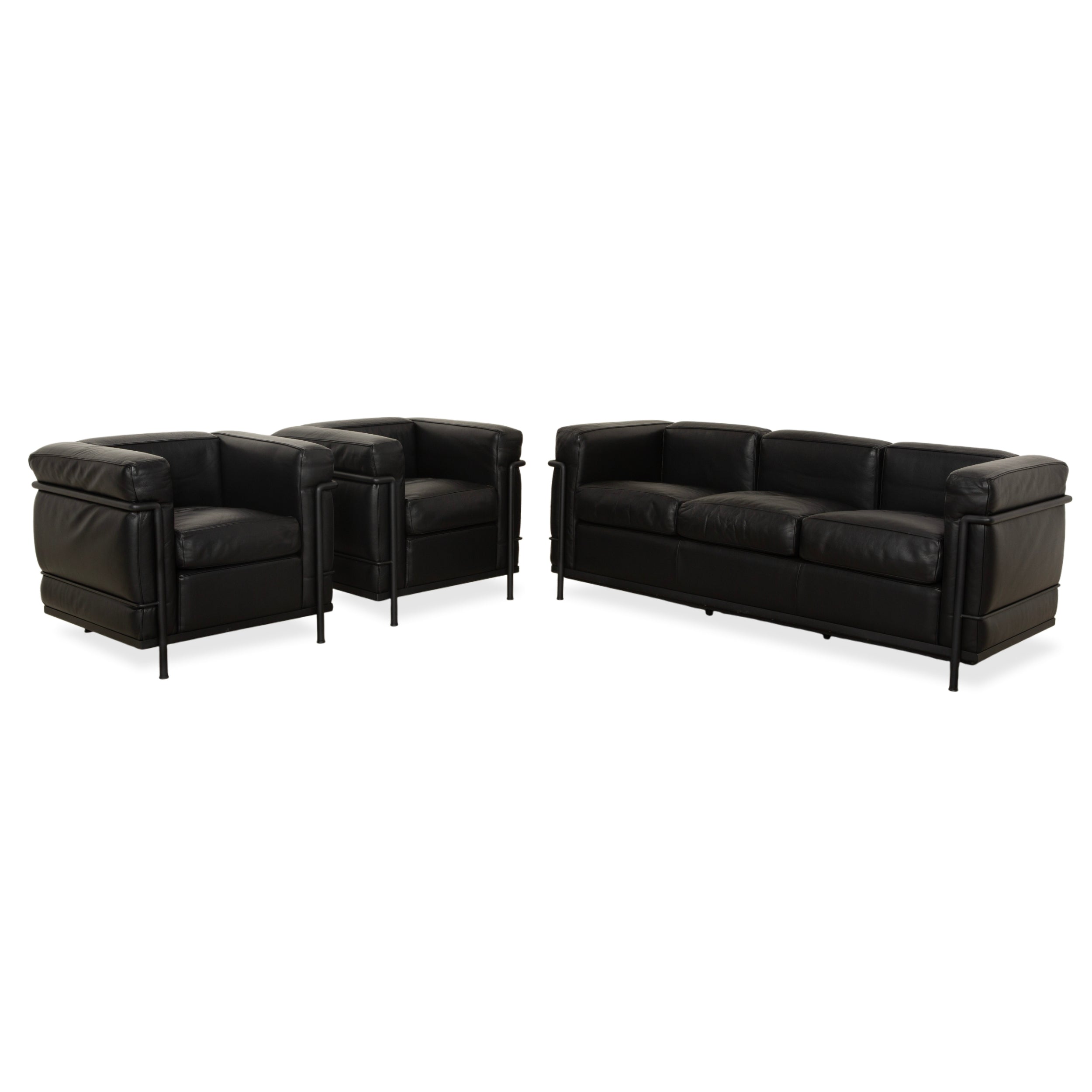 Cassina LC 2 Leder Dreisitzer mit Sessel Schwarz Sofa Couch