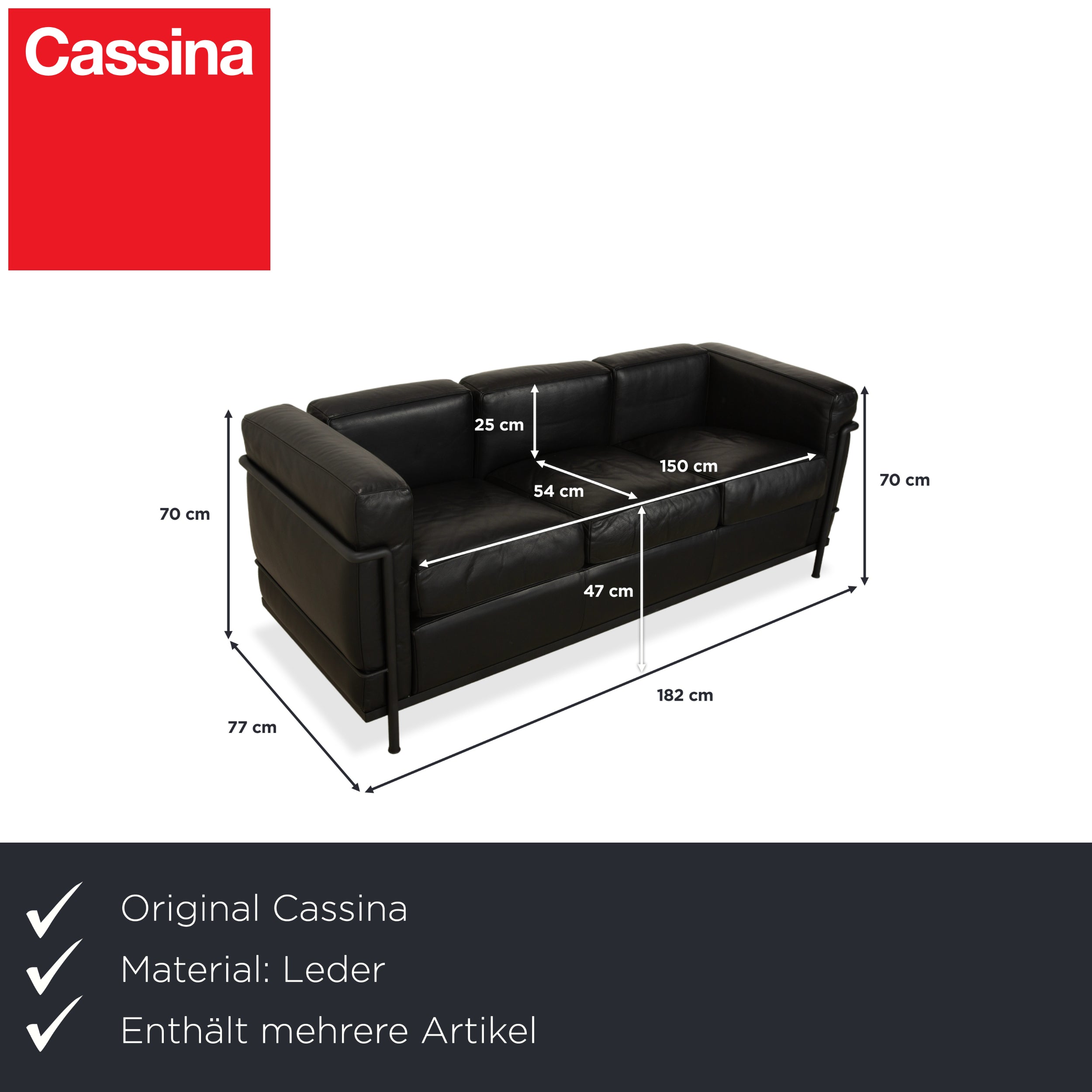 Cassina LC 2 Leather Three-Seater with Armchair Black Sofa Couch