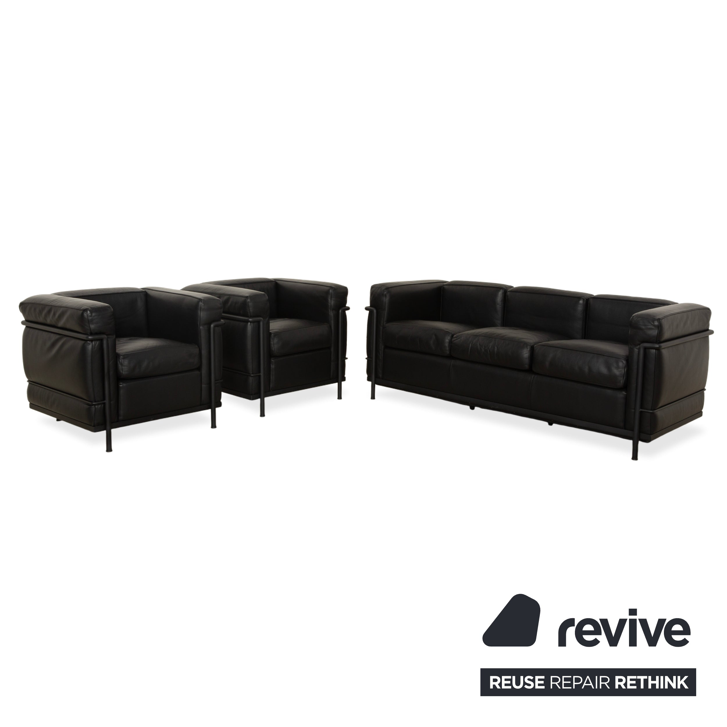 Cassina LC 2 Leather Three-Seater with Armchair Black Sofa Couch