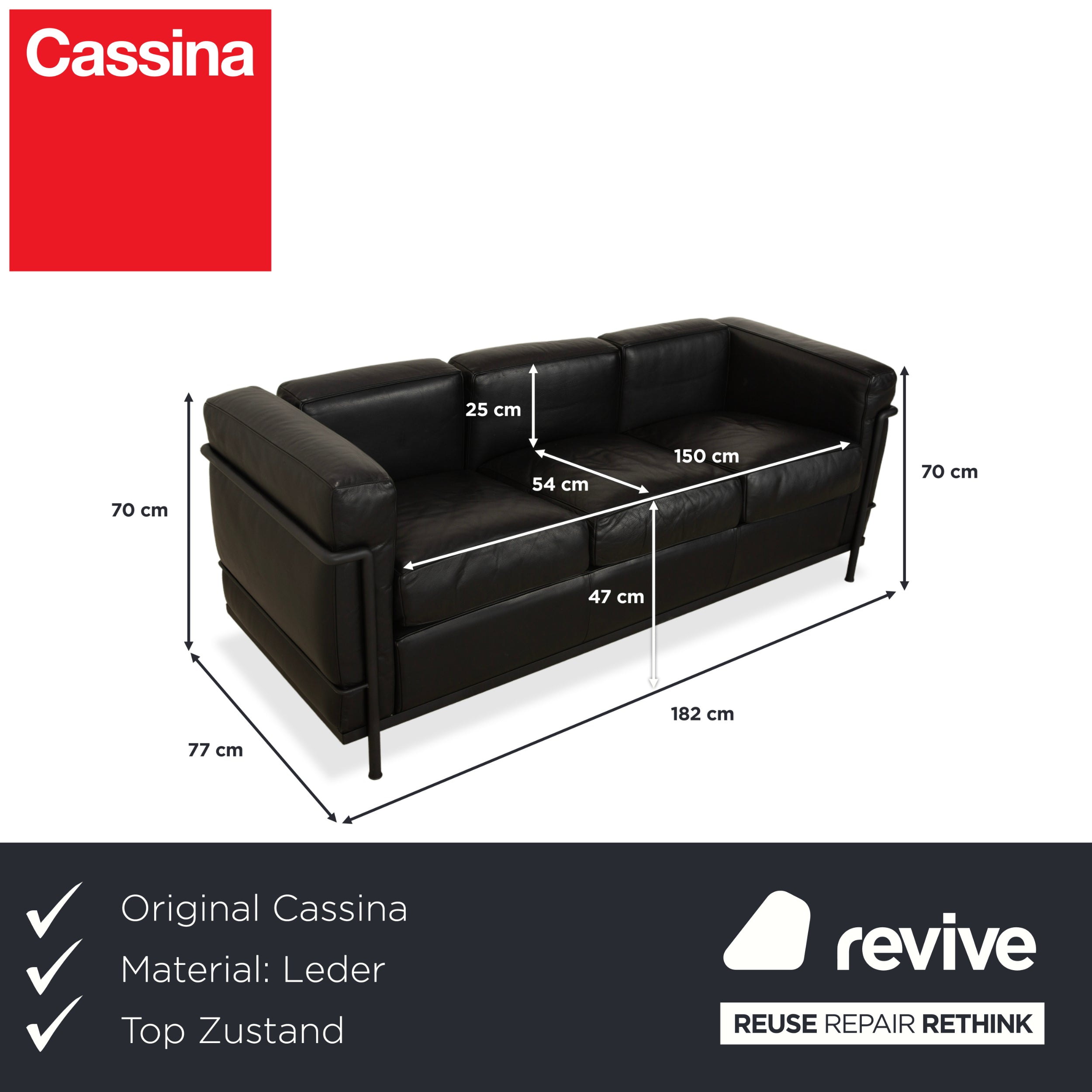 Canapé trois places en cuir noir Cassina LC 2