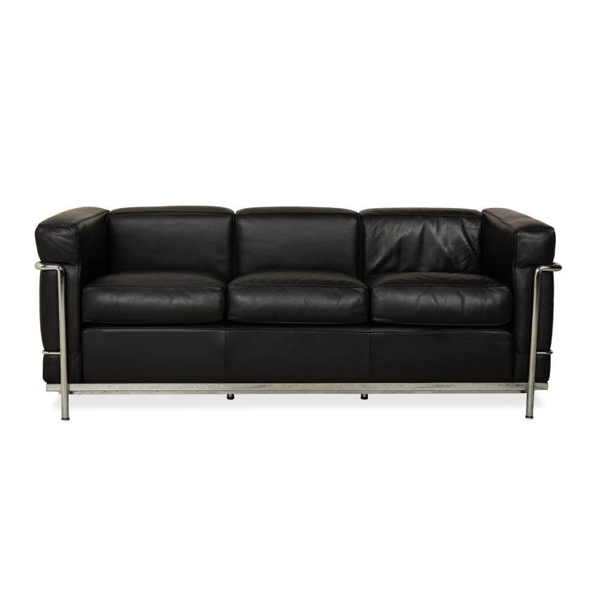 Cassina LC 2 Leather Three-Seater Black Sofa Le Corbusier
