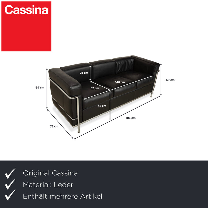 Cassina LC 2 Leather Three-Seater Two-Seater Black Sofa Le Corbusier