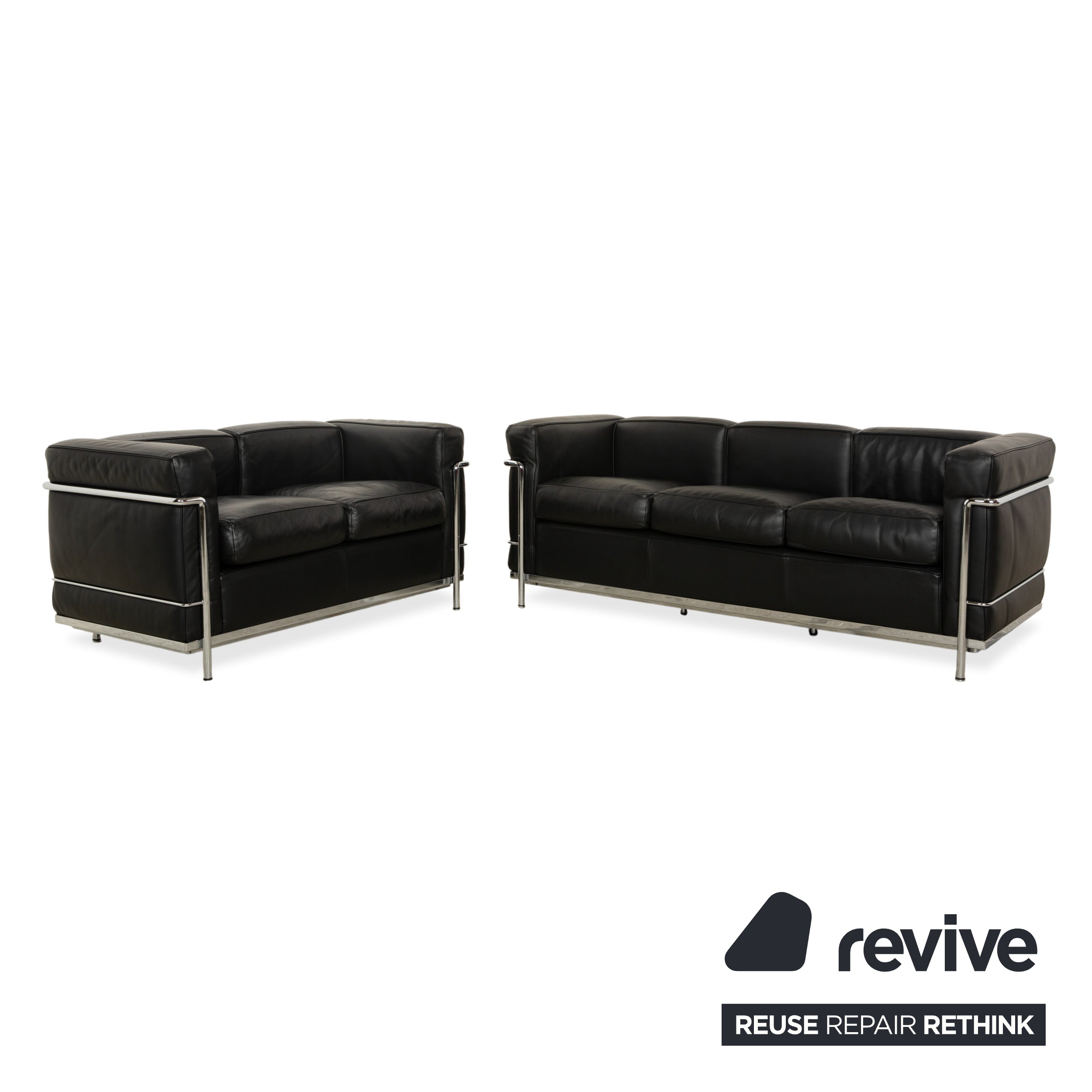 Cassina LC 2 Leather Three-Seater Two-Seater Black Sofa Le Corbusier