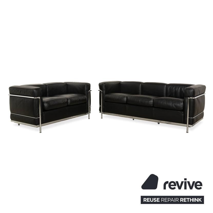 Cassina LC 2 Leather Three-Seater Two-Seater Black Sofa Le Corbusier
