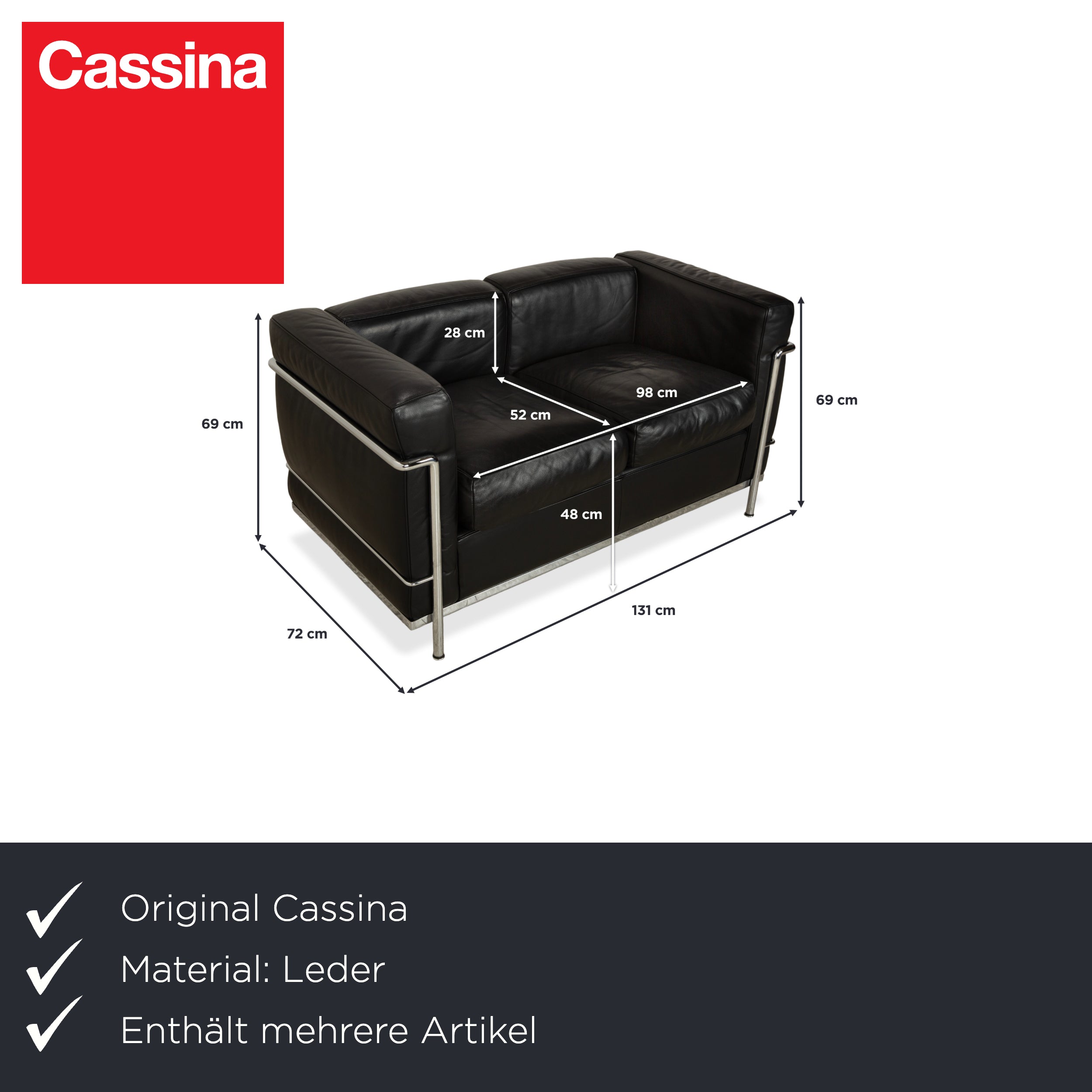 Cassina LC 2 Leder Dreisitzer Zweisitzer Schwarz Sofa Le Corbusier