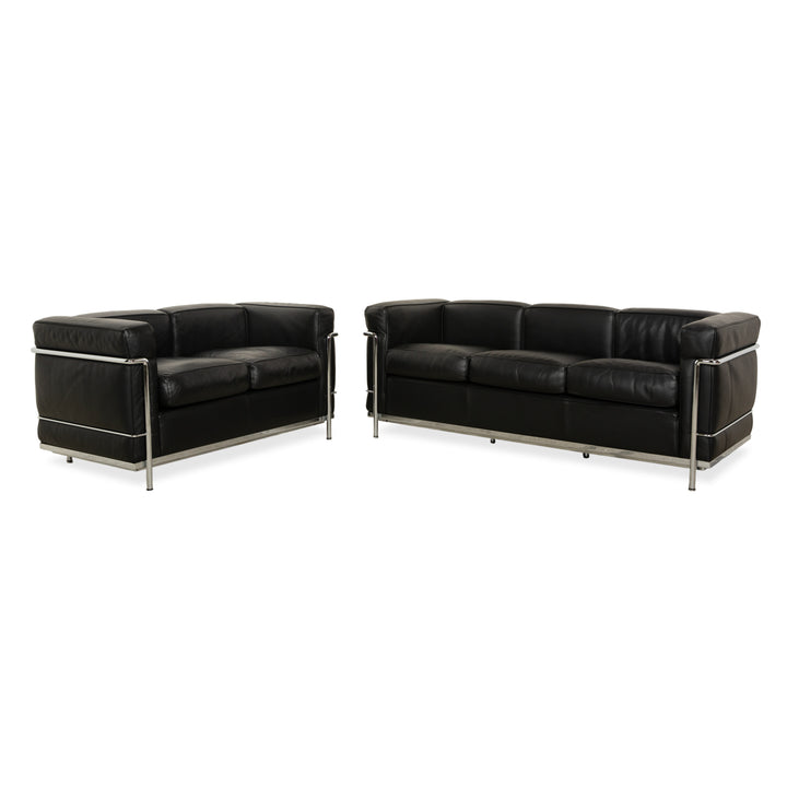 Cassina LC 2 Leather Three-Seater Two-Seater Black Sofa Le Corbusier