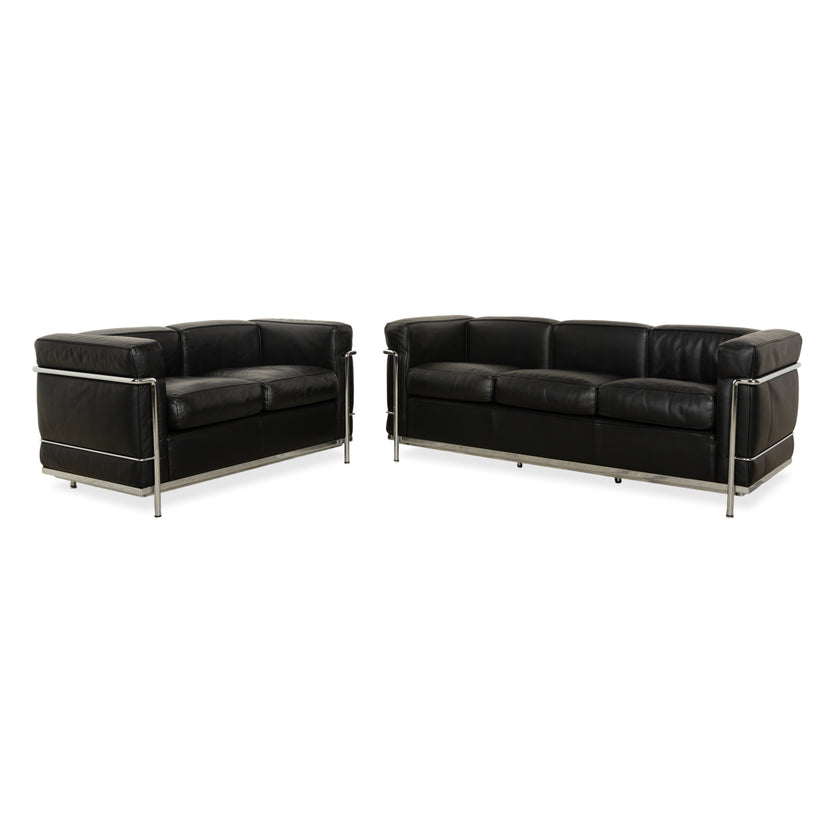 Cassina LC 2 Leder Dreisitzer Zweisitzer Schwarz Sofa Le Corbusier