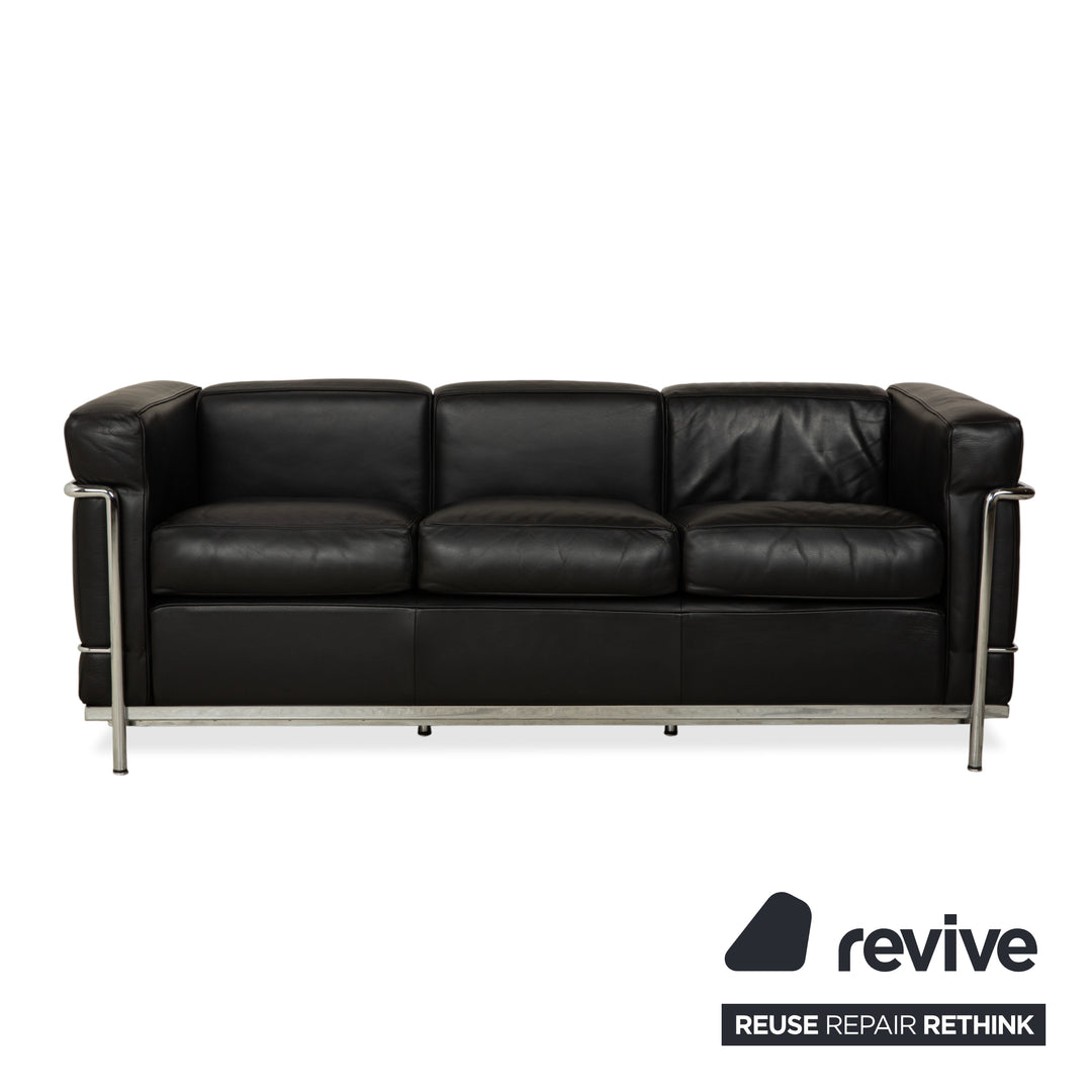 Cassina LC 2 Leather Three-Seater Two-Seater Black Sofa Le Corbusier