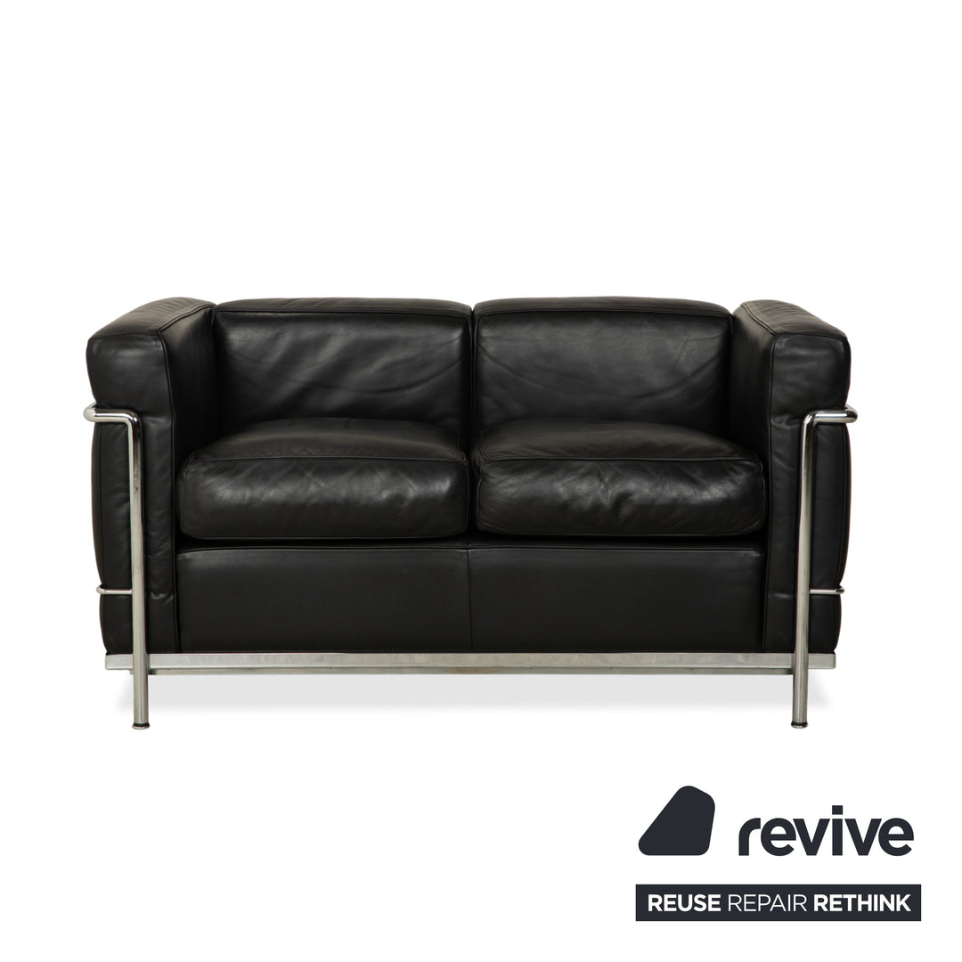 Cassina LC 2 Leather Three-Seater Two-Seater Black Sofa Le Corbusier