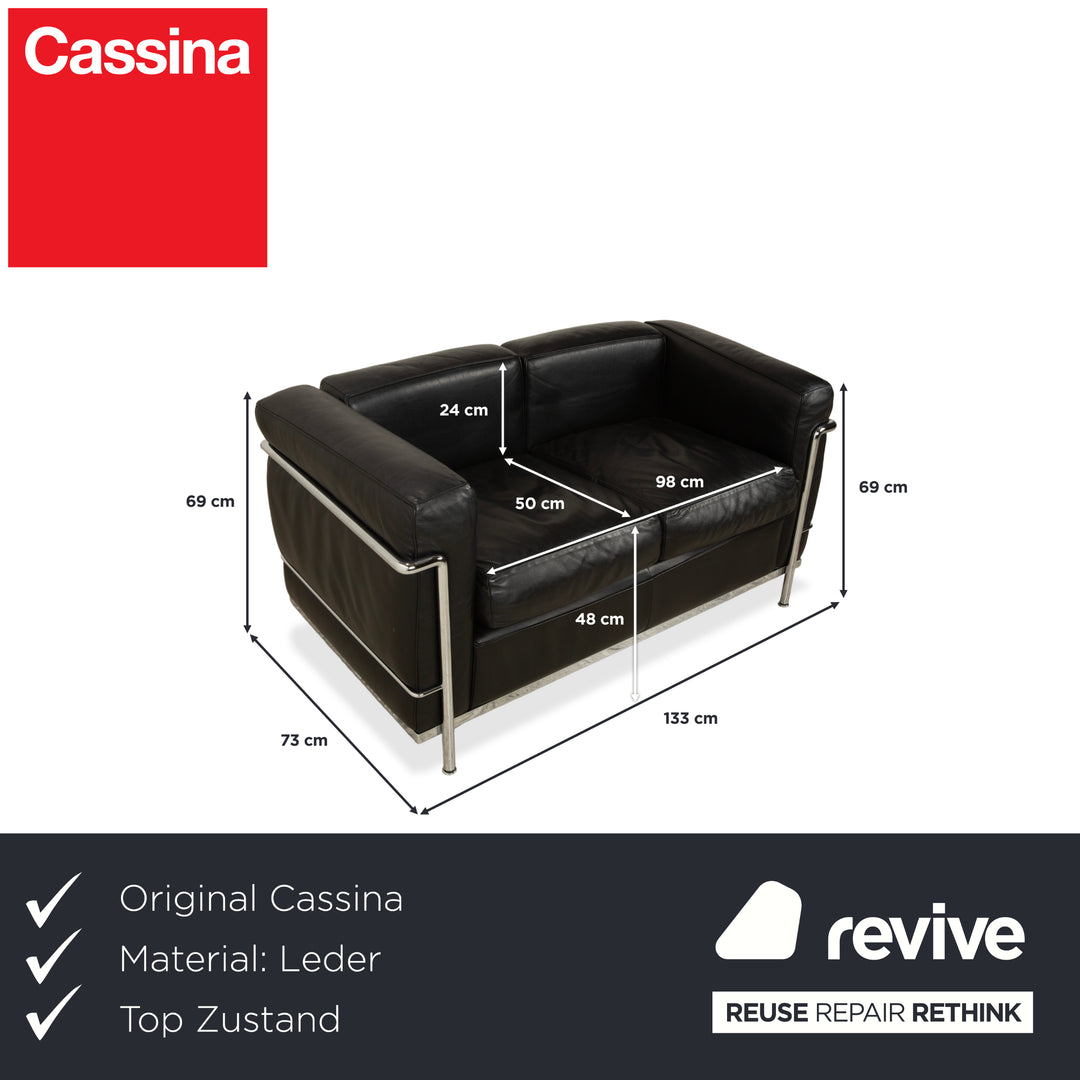 Cassina LC 2 Leather Sofa Black Two-Seater Le Corbusier Chrome