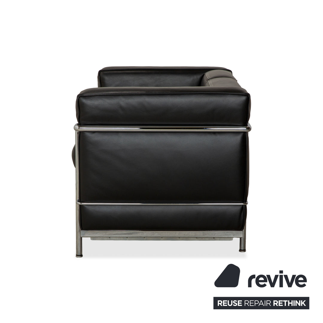 Canapé deux places en cuir noir Cassina LC 2, style Le Corbusier chromé