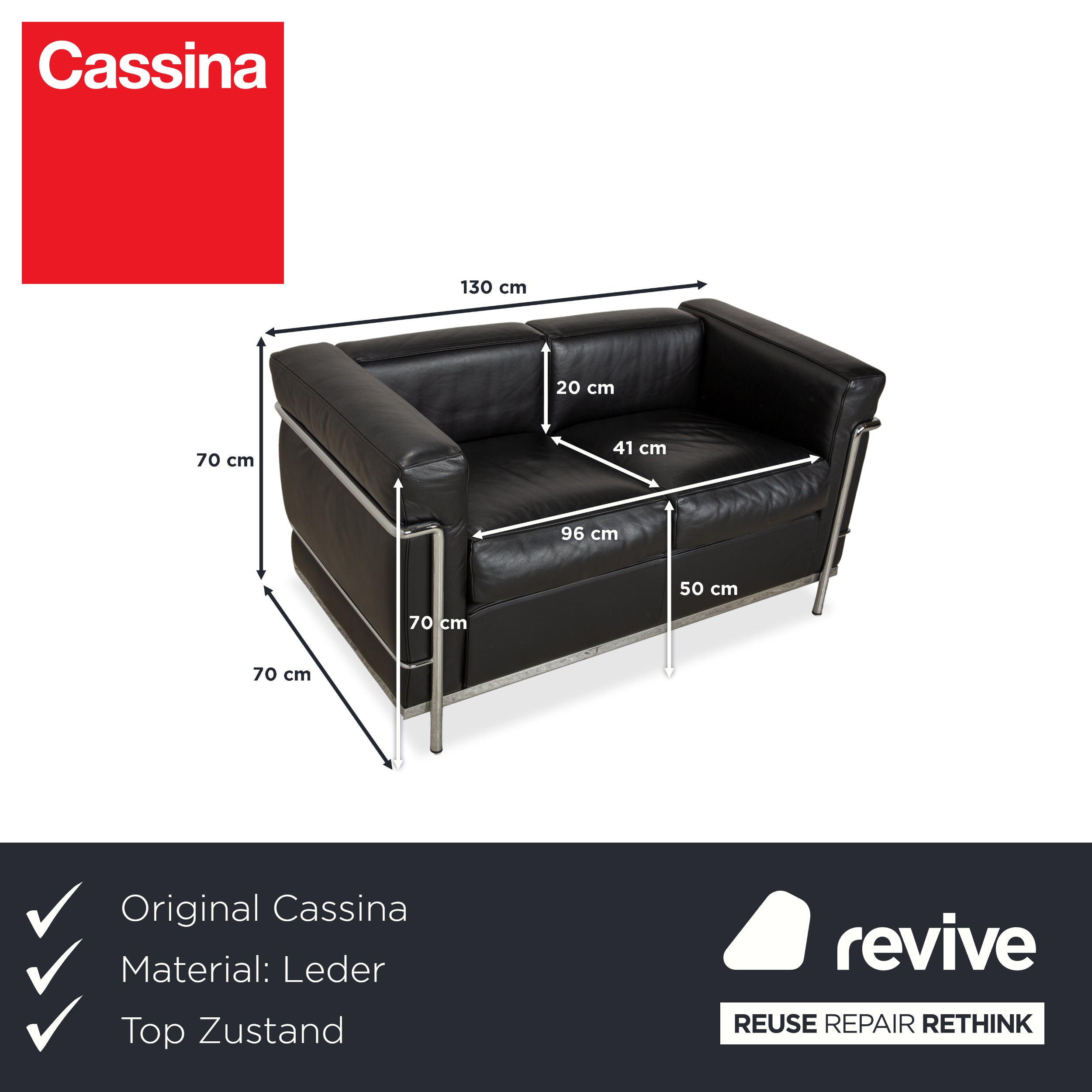 Cassina LC 2 Leder Sofa Schwarz Zweisitzer Le Corbusier Chrom