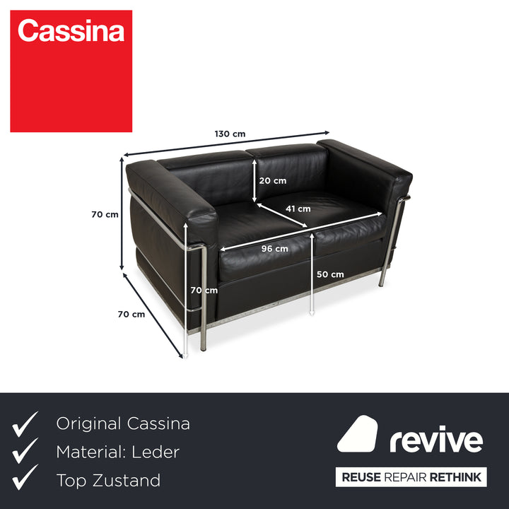 Canapé deux places en cuir noir Cassina LC 2, style Le Corbusier chromé