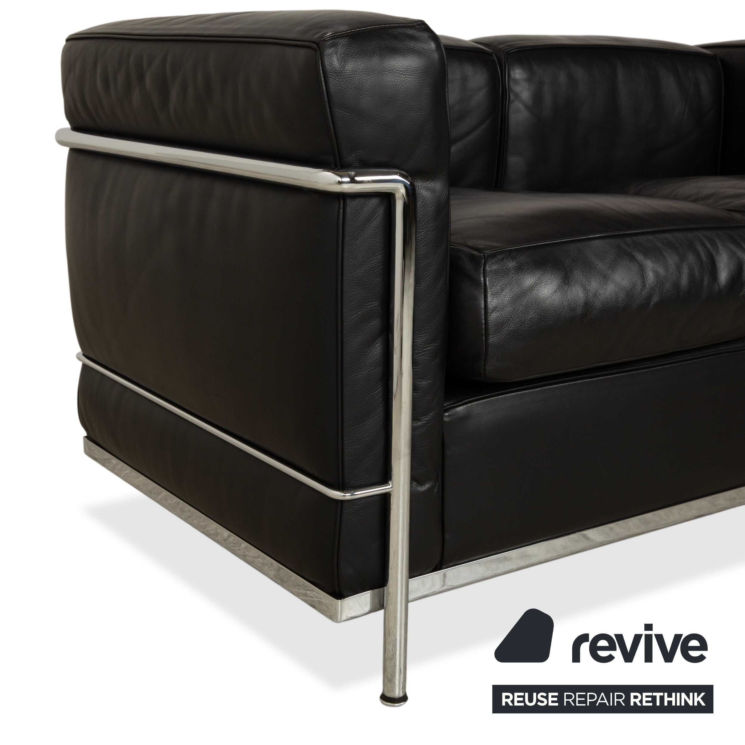 Cassina LC 2 Leather Sofa Black Two-Seater Le Corbusier Chrome