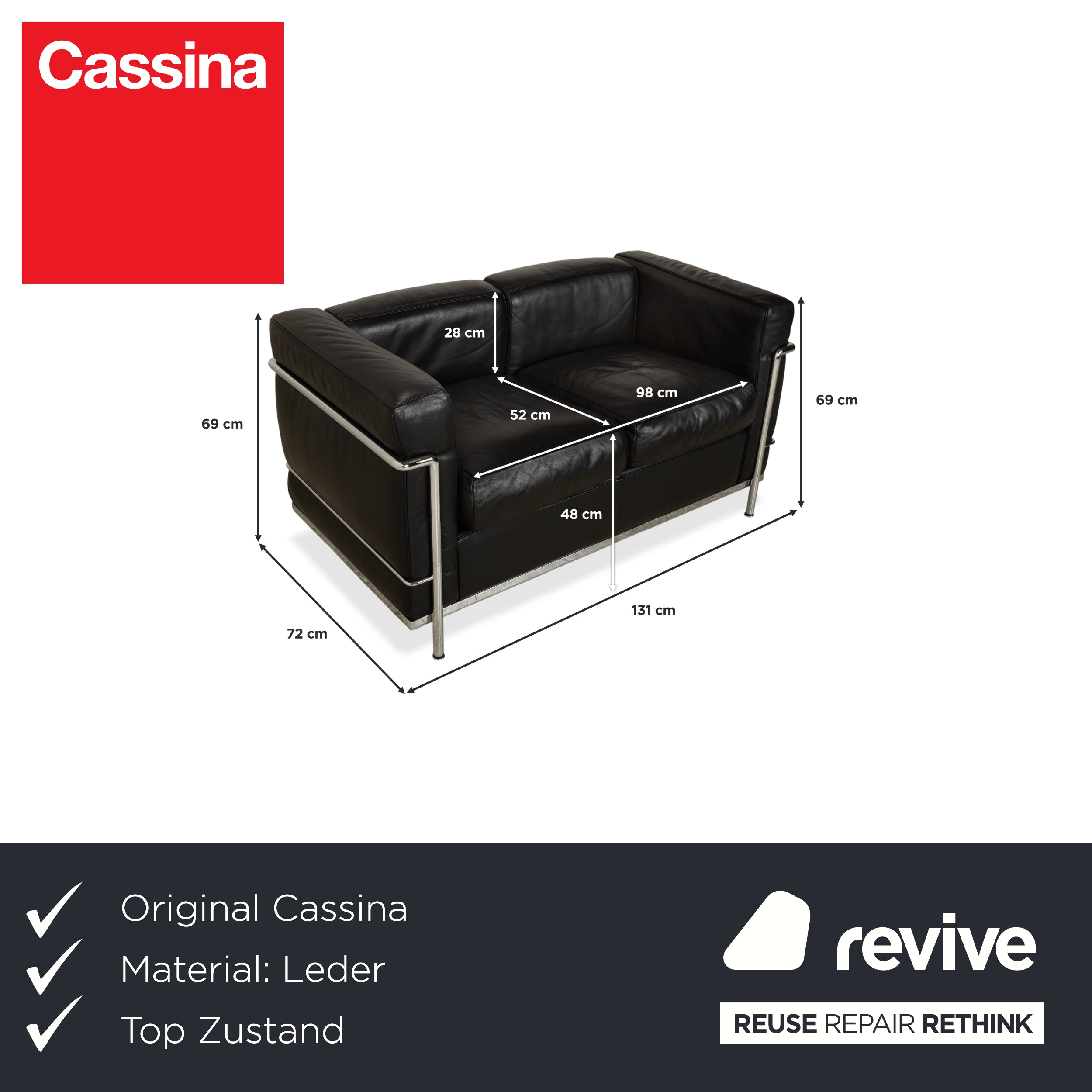 Cassina LC 2 Leather Sofa Black Two-Seater Le Corbusier Chrome