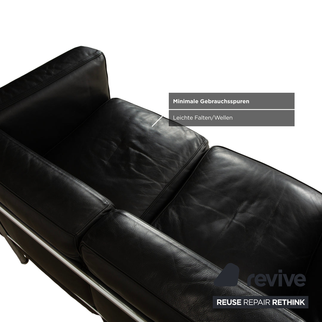 Cassina LC 2 Leather Sofa Black Two-Seater Le Corbusier Chrome