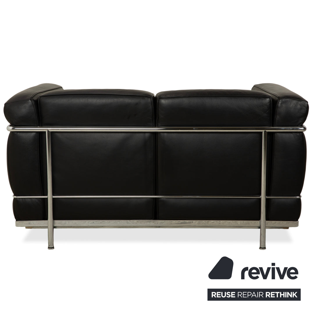 Cassina LC 2 Leather Sofa Black Two-Seater Le Corbusier Chrome