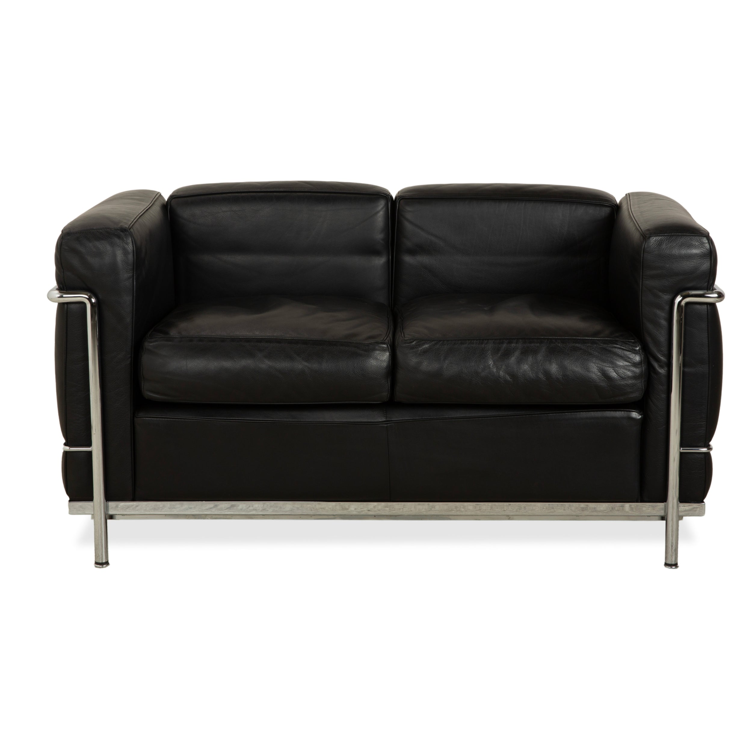 Canapé deux places en cuir noir Cassina LC 2, style Le Corbusier chromé