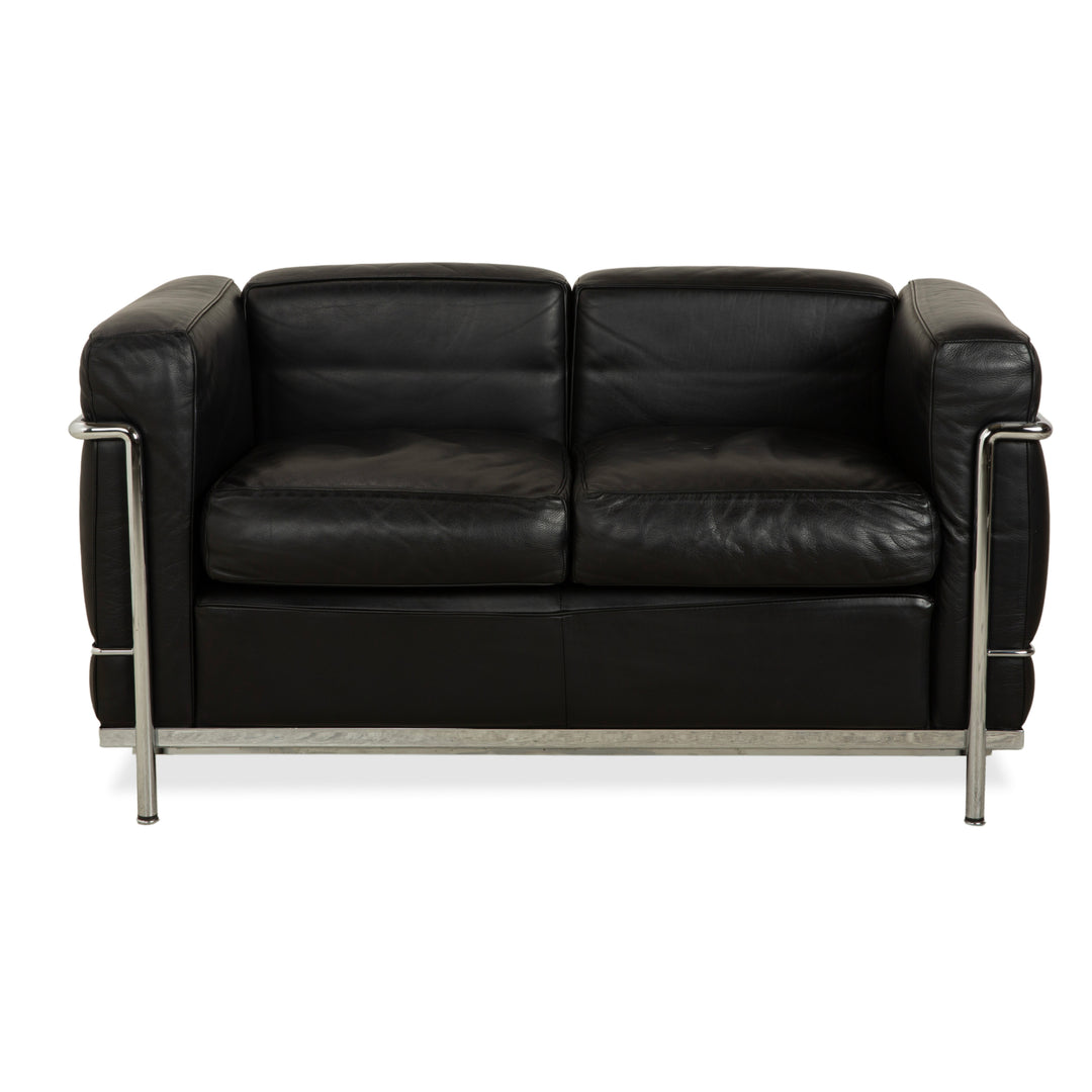 Cassina LC 2 Leather Sofa Black Two-Seater Le Corbusier Chrome