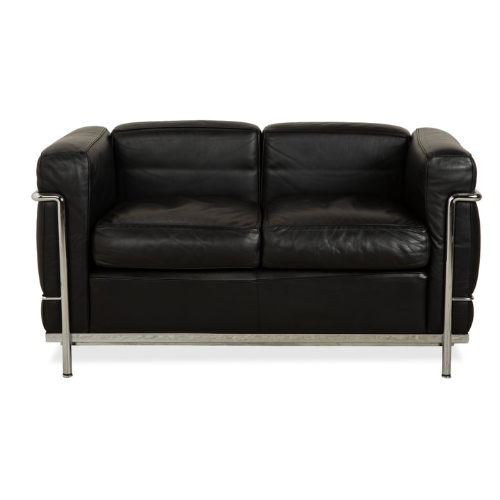 Cassina LC 2 Leather Sofa Black Two-Seater Le Corbusier Chrome