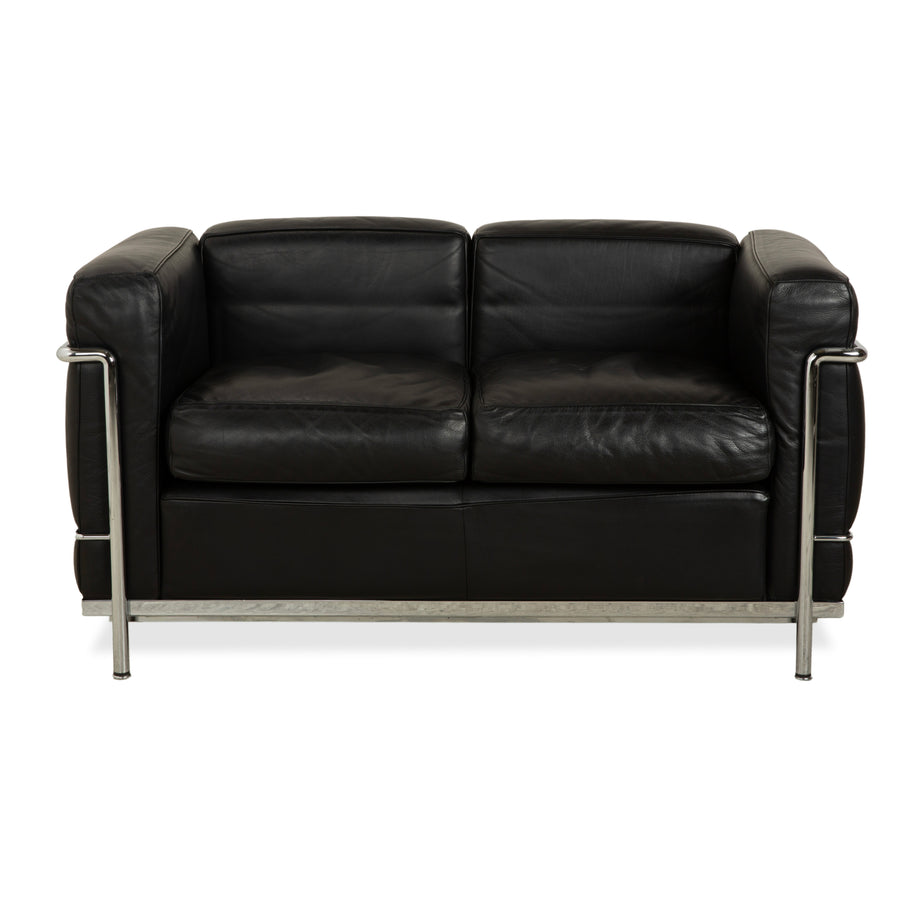 Cassina LC 2 Leather Sofa Black Two-Seater Le Corbusier Chrome