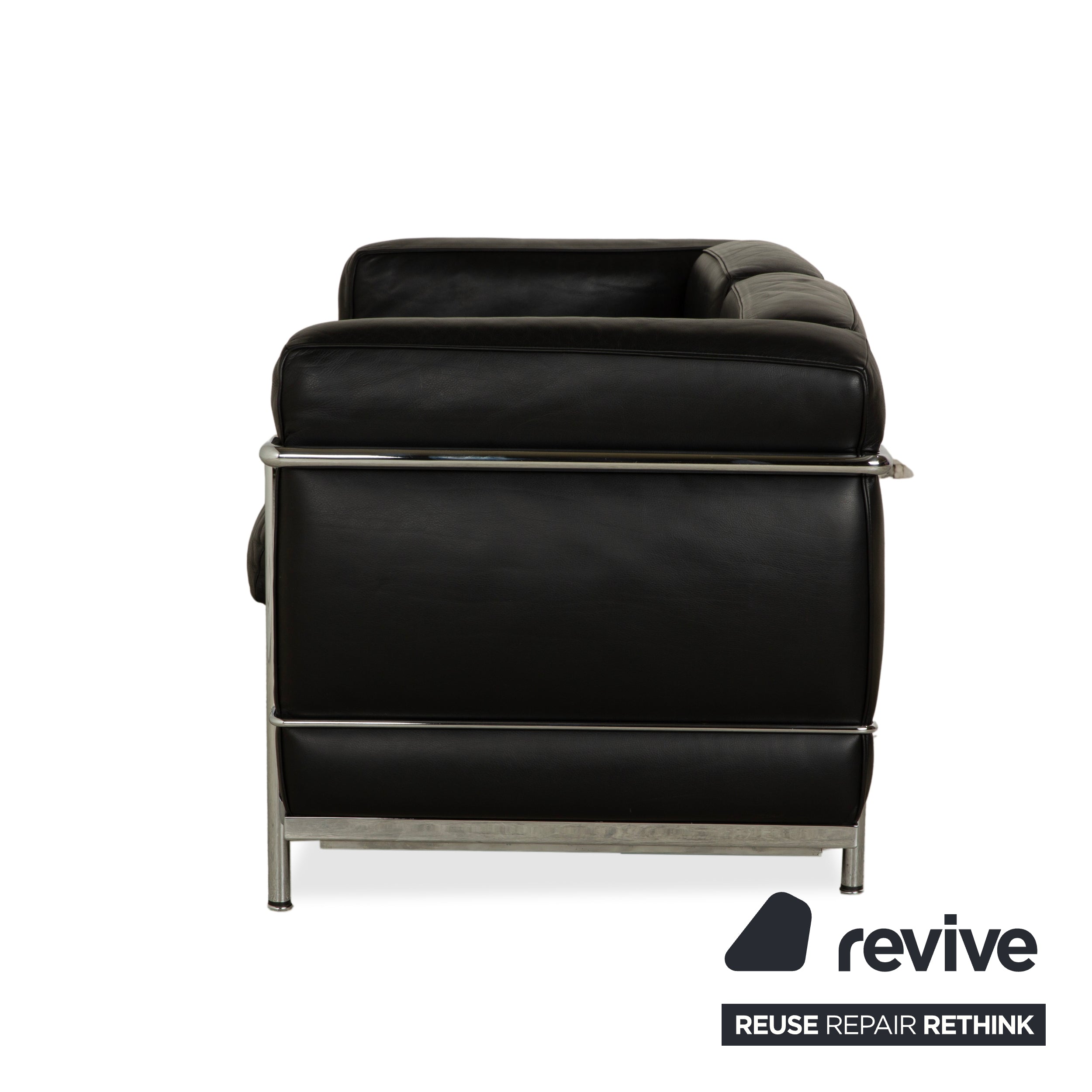Canapé deux places en cuir noir Cassina LC 2, style Le Corbusier chromé