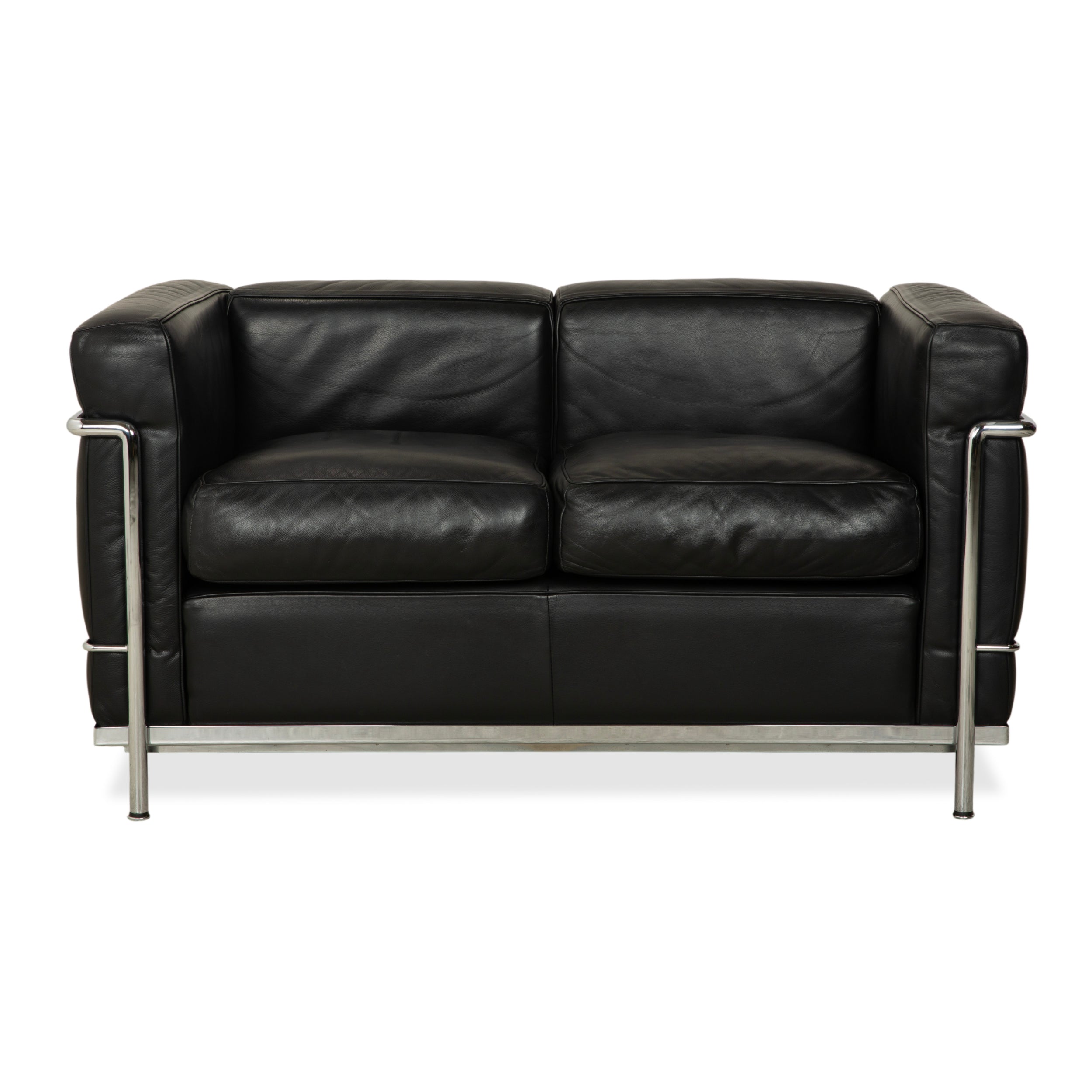 Cassina LC 2 Leather Sofa Black Two-Seater Le Corbusier Chrome