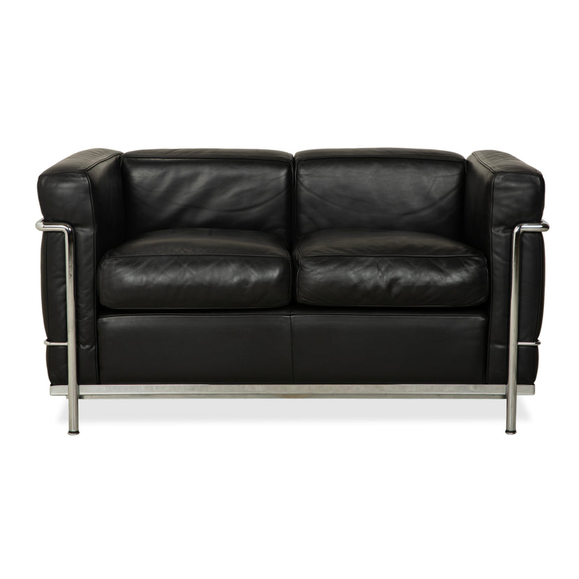 Cassina LC 2 Leather Sofa Black Two-Seater Le Corbusier Chrome