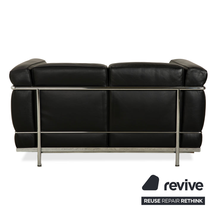 Canapé deux places en cuir noir Cassina LC 2, style Le Corbusier chromé