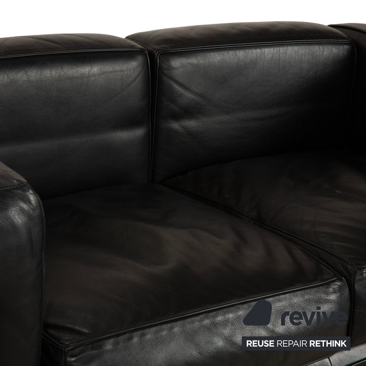 Canapé deux places en cuir noir Cassina LC 2, style Le Corbusier chromé