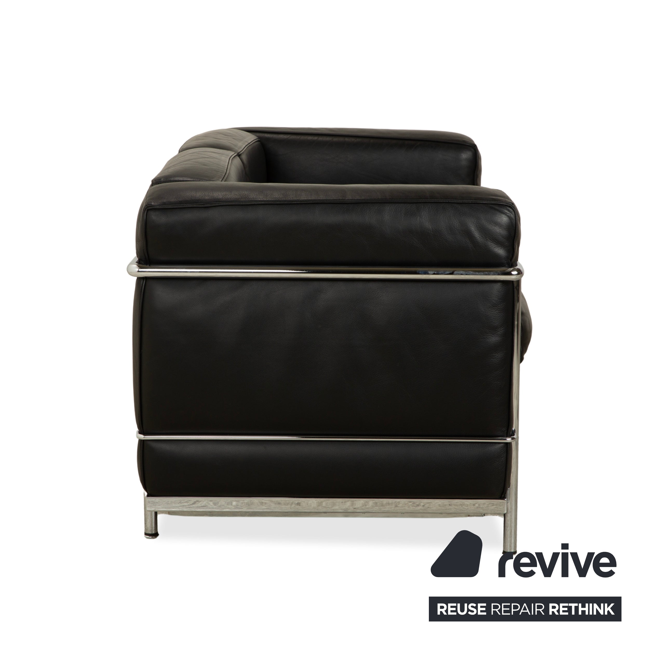 Canapé deux places en cuir noir Cassina LC 2, style Le Corbusier chromé