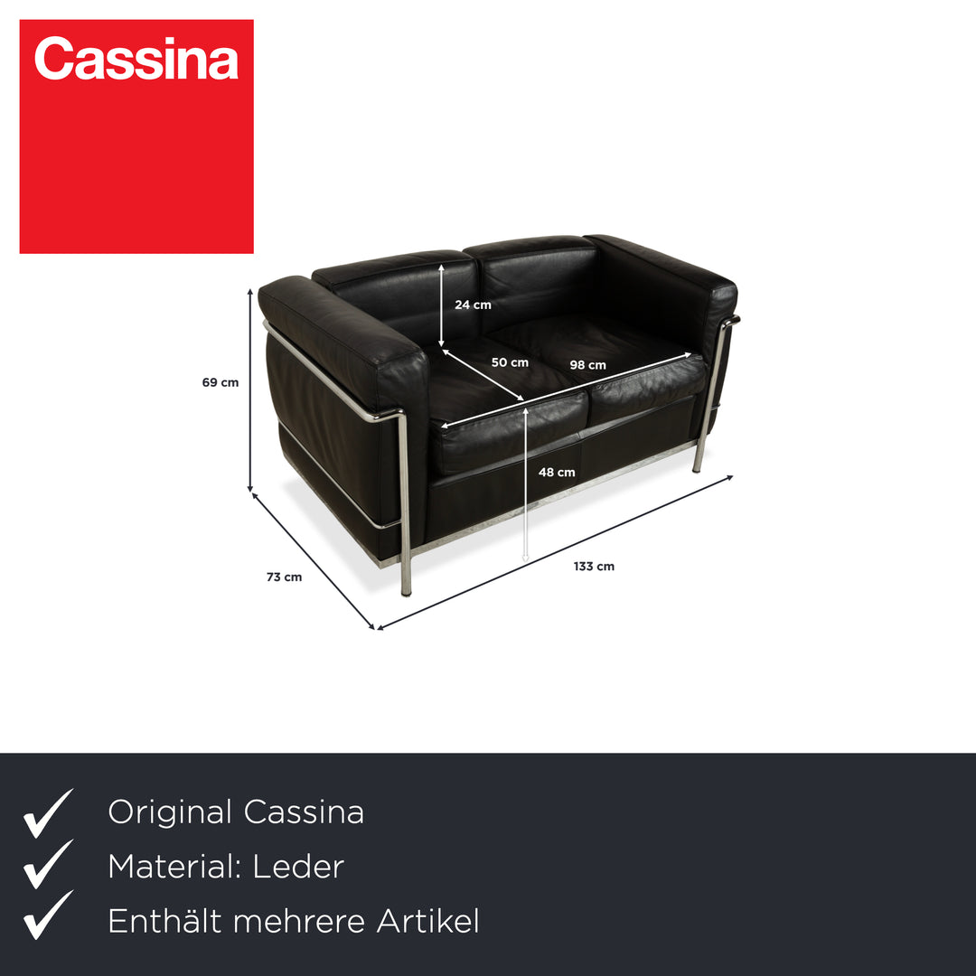 Canapé en cuir noir Cassina LC 2, fauteuil deux places Le Corbusier chromé