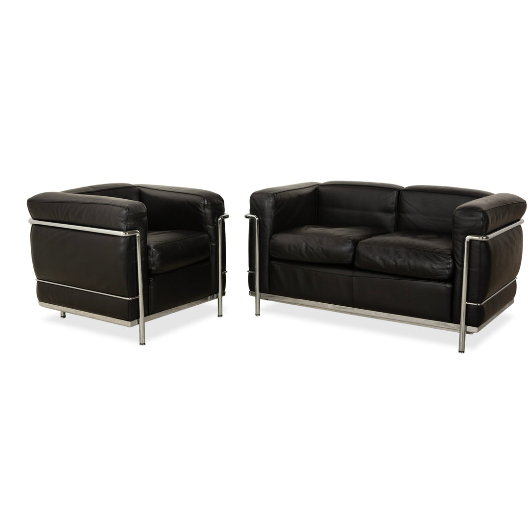 Cassina LC 2 Leather Sofa Black Two-Seater Armchair Le Corbusier Chrome