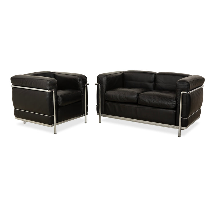 Cassina LC 2 Leather Sofa Black Two-Seater Armchair Le Corbusier Chrome