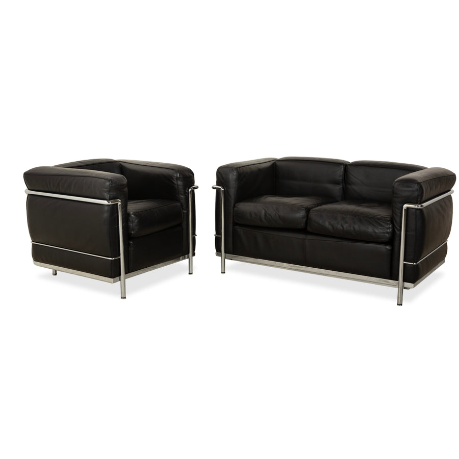 Cassina LC 2 Leather Sofa Black Two-Seater Armchair Le Corbusier Chrome