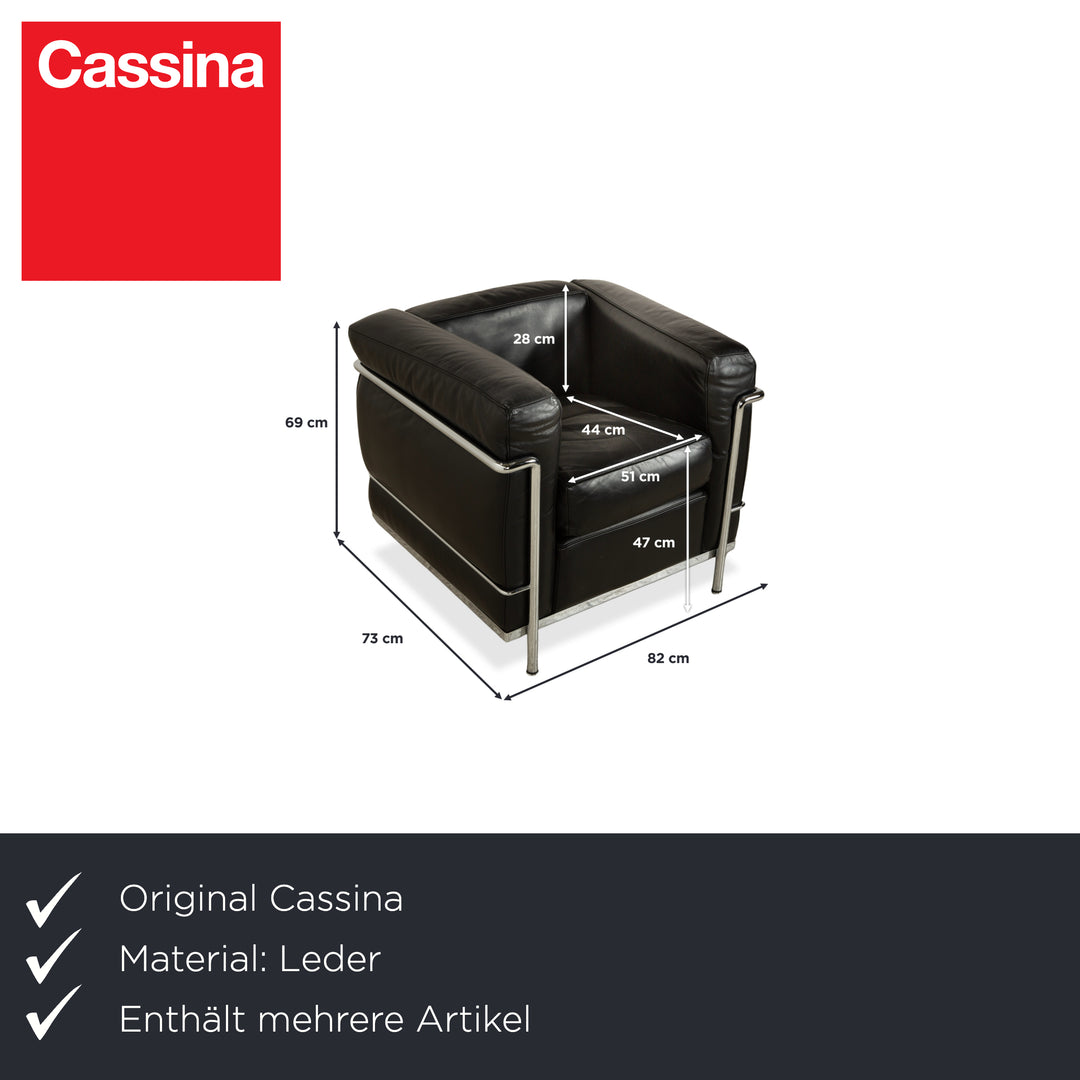 Canapé en cuir noir Cassina LC 2, fauteuil deux places Le Corbusier chromé